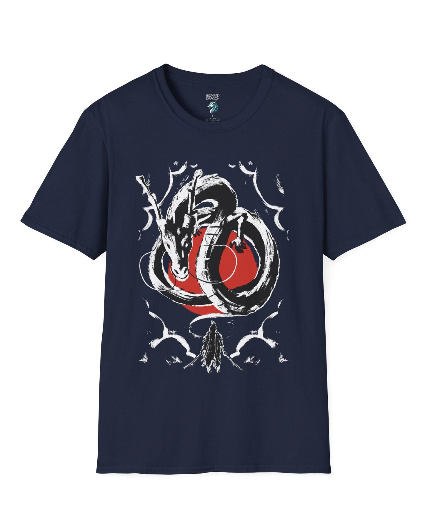 Honor and Resolve shirt in navy, featuring a bold ink-style dragon above a warrior with a red sun backdrop.