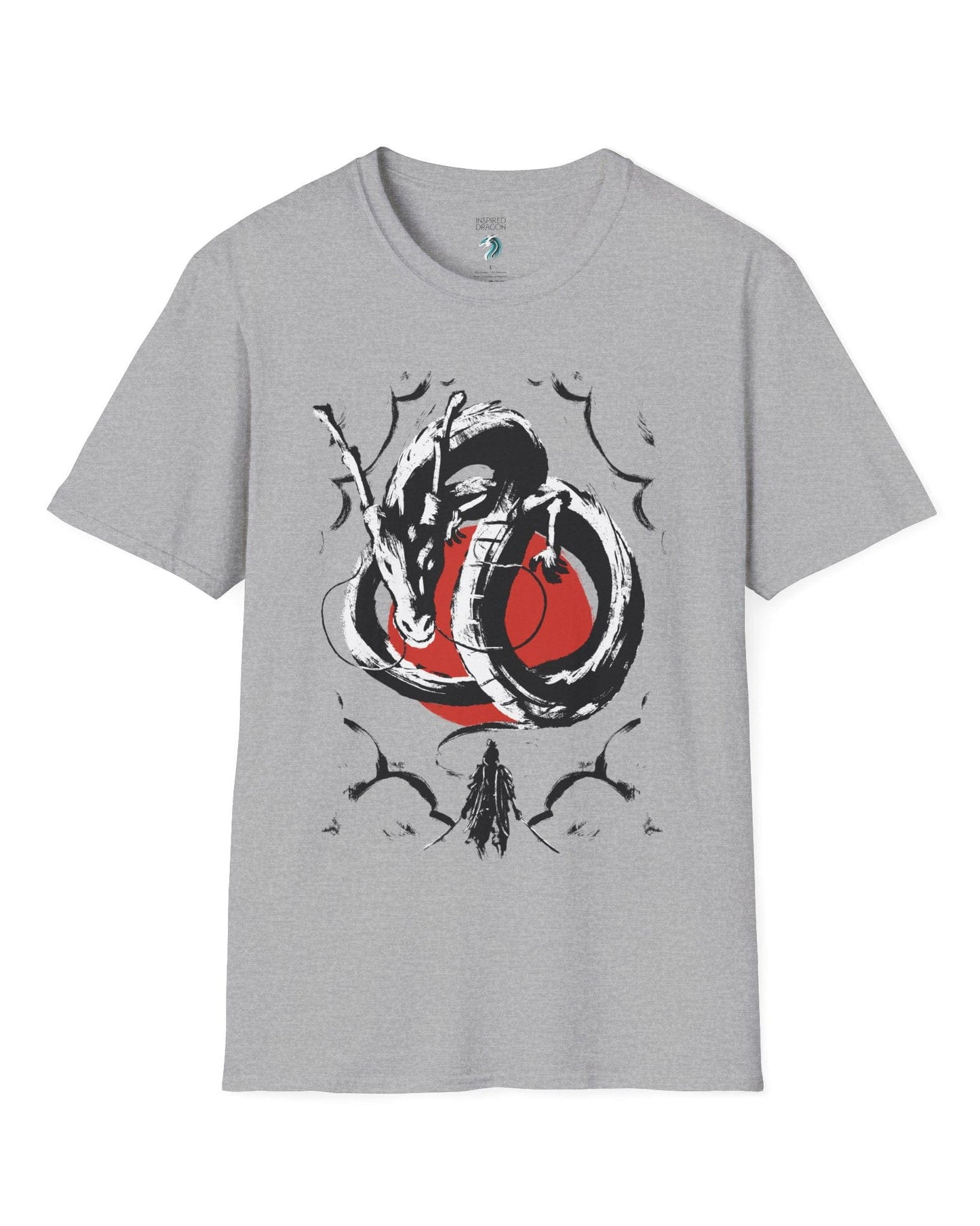 Honor and Resolve shirt in sport grey, featuring a bold ink-style dragon above a warrior with a red sun backdrop.