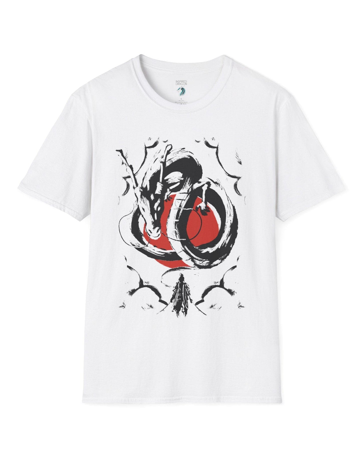 Honor and Resolve shirt in white, featuring a bold ink-style dragon above a warrior with a red sun backdrop.