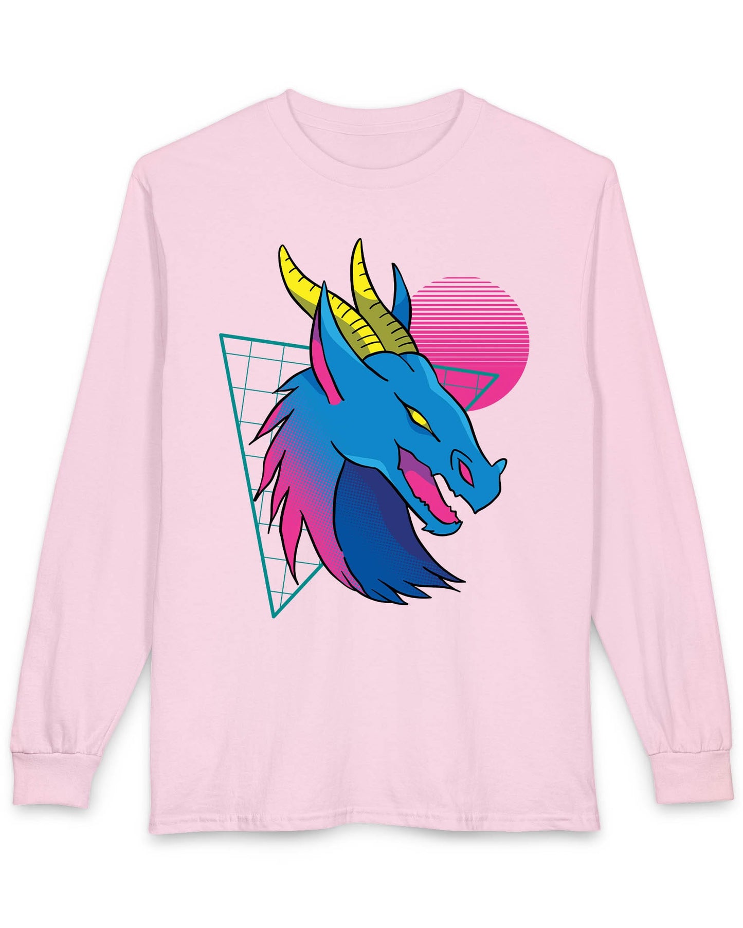 Vaporwave Dreams shirt in light pink featuring a vibrant blue dragon head with neon pink and yellow accents