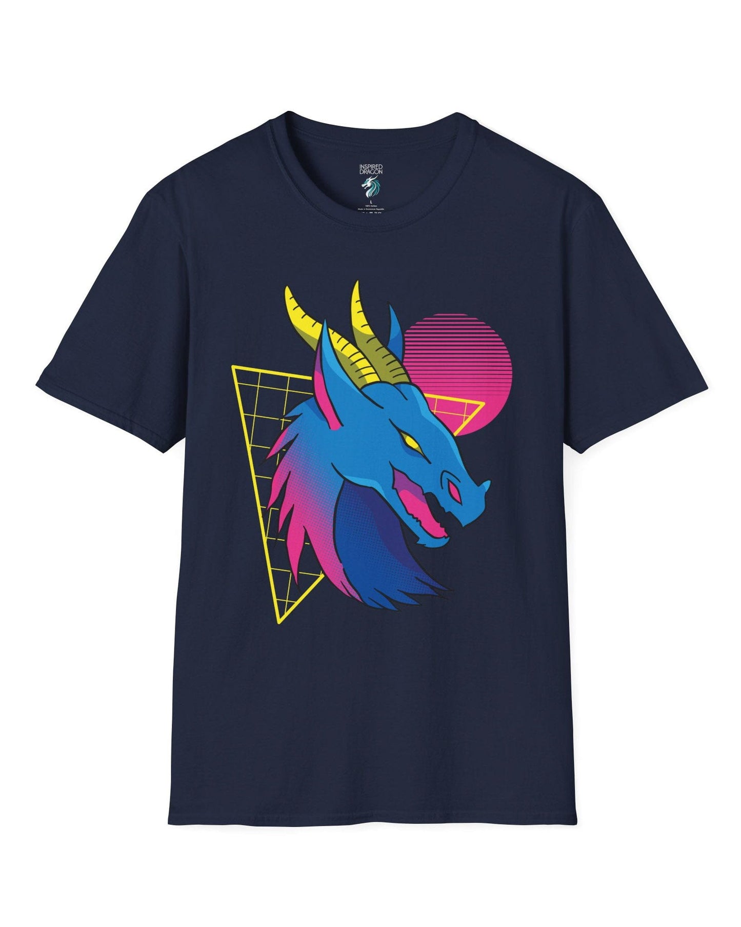 Vaporwave Dreams shirt in navy, featuring a vibrant blue dragon head with neon pink and yellow accents.