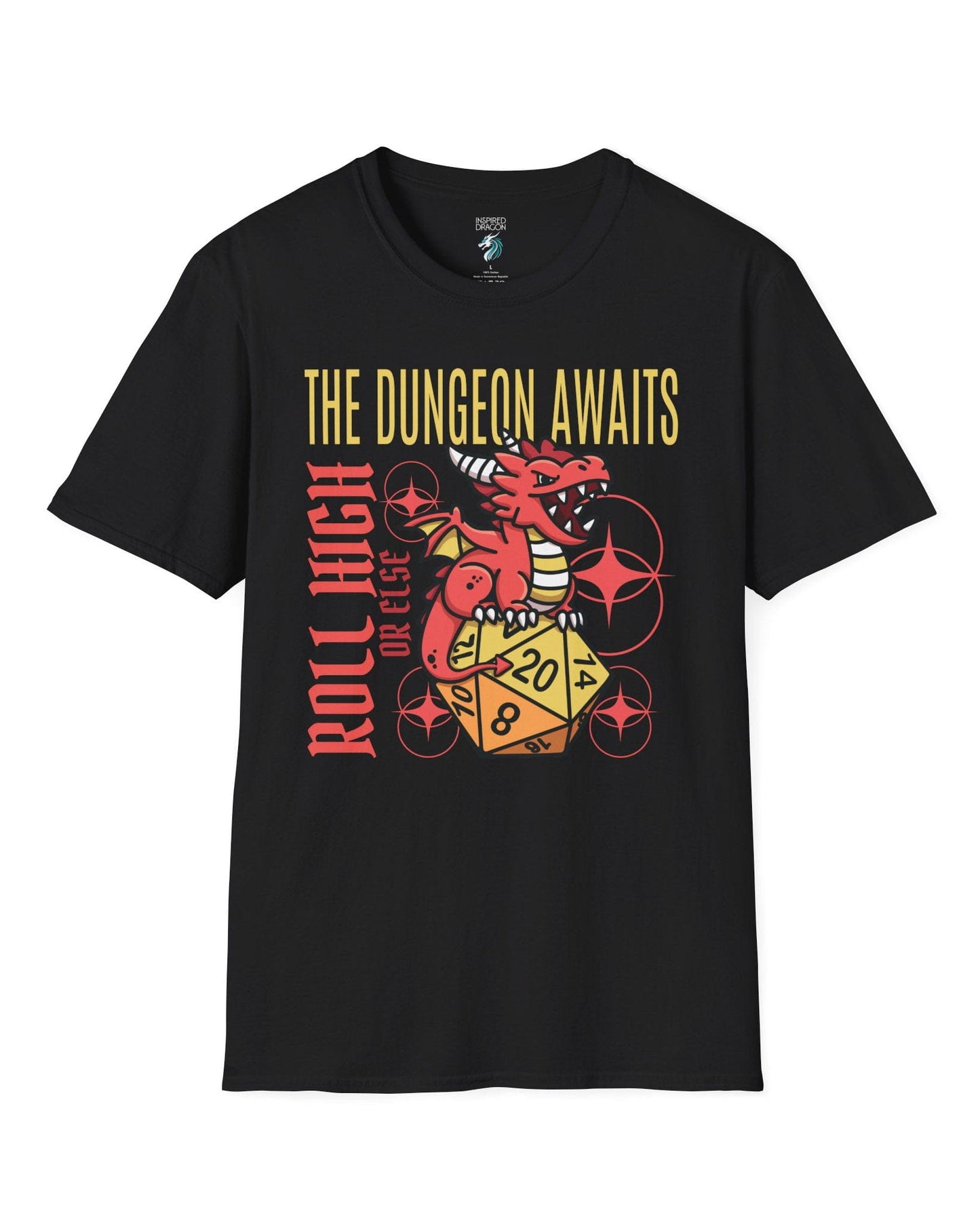 The Dungeon Awaits shirt in black featuring a red dragon perched on a d20 die with the phrase Roll High or Else.