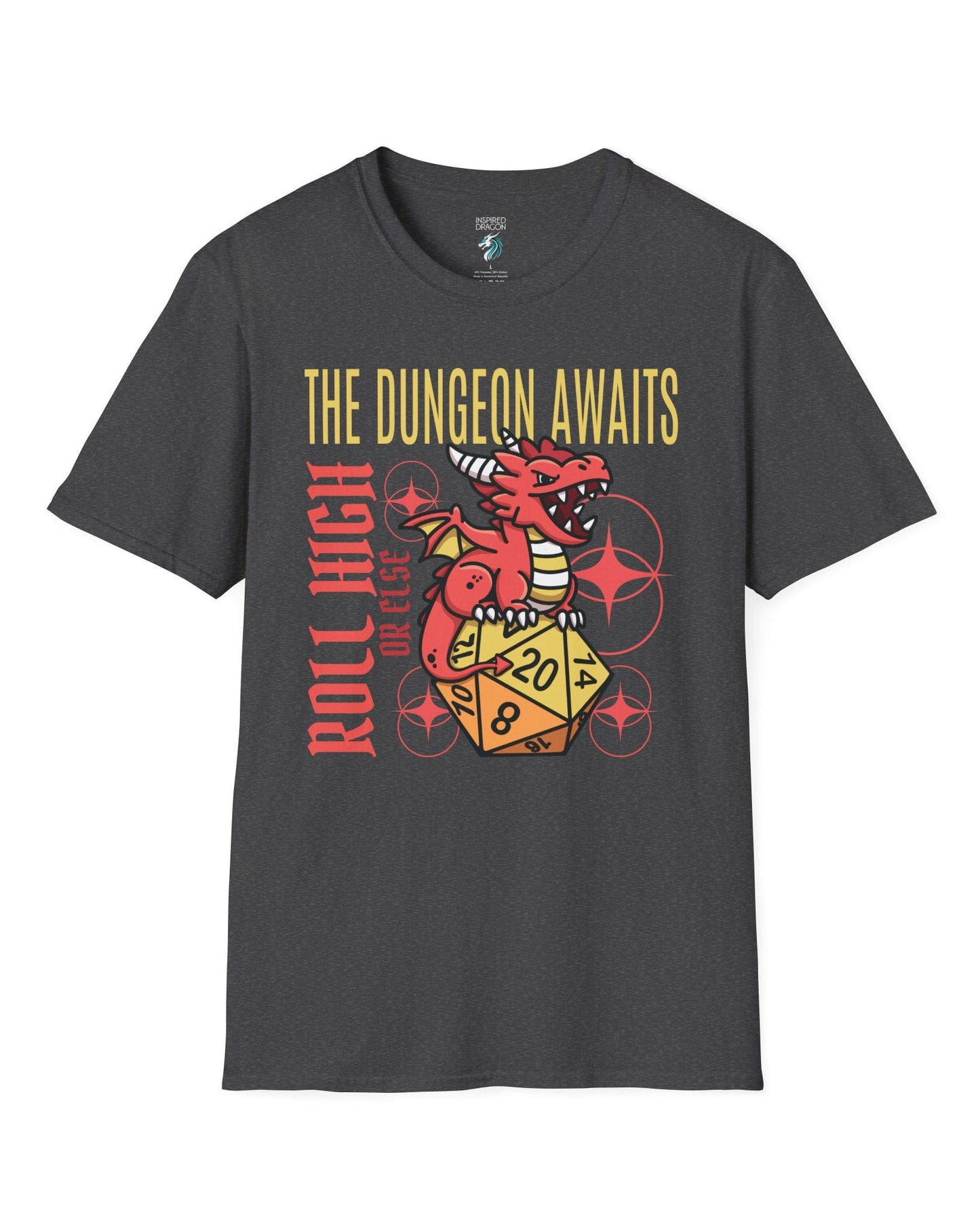 The Dungeon Awaits shirt in dark heather grey featuring a red dragon perched on a d20 die with the phrase Roll High or Else.