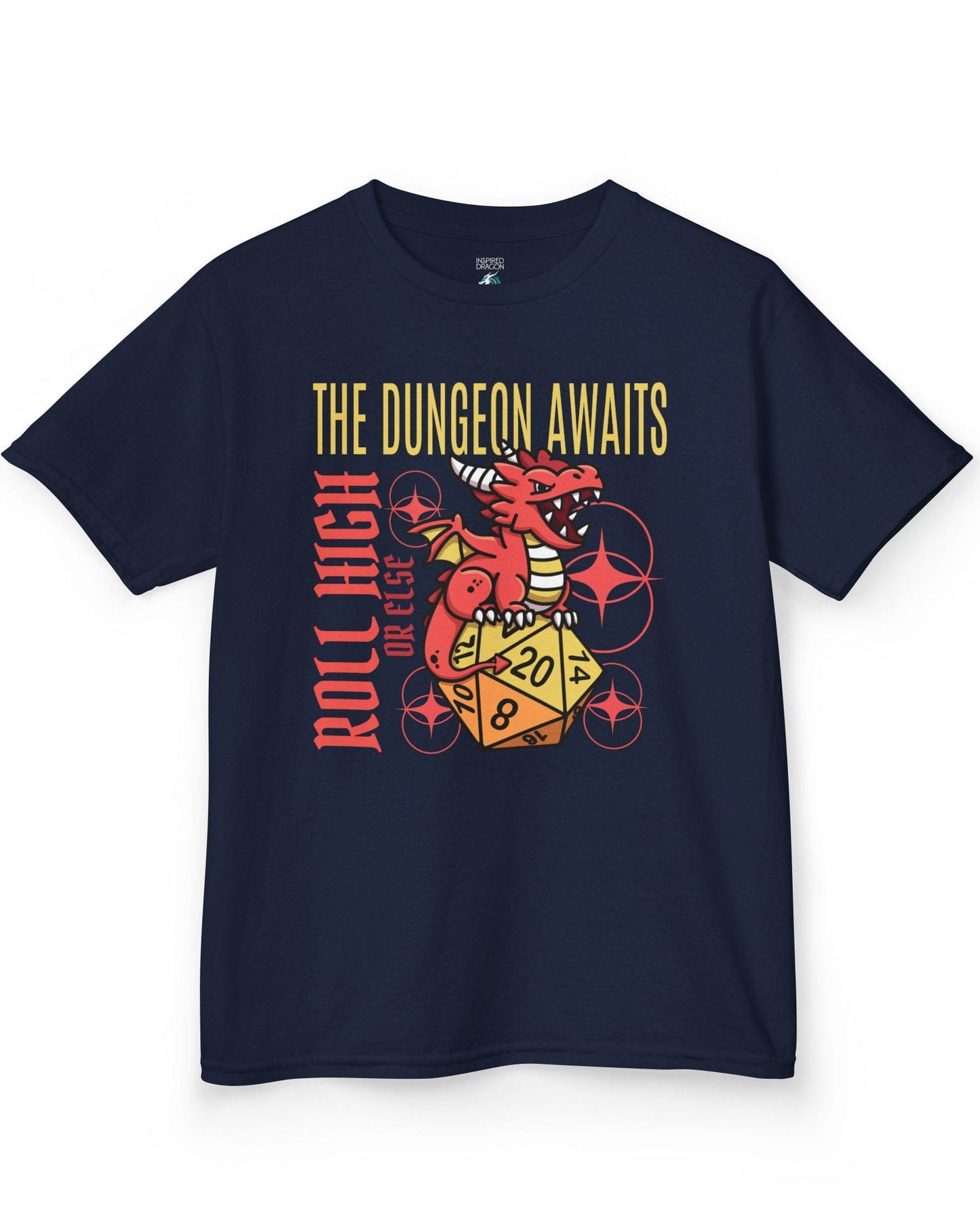 The Dungeon Awaits shirt in navy featuring a red dragon perched on a d20 die with the phrase Roll High or Else