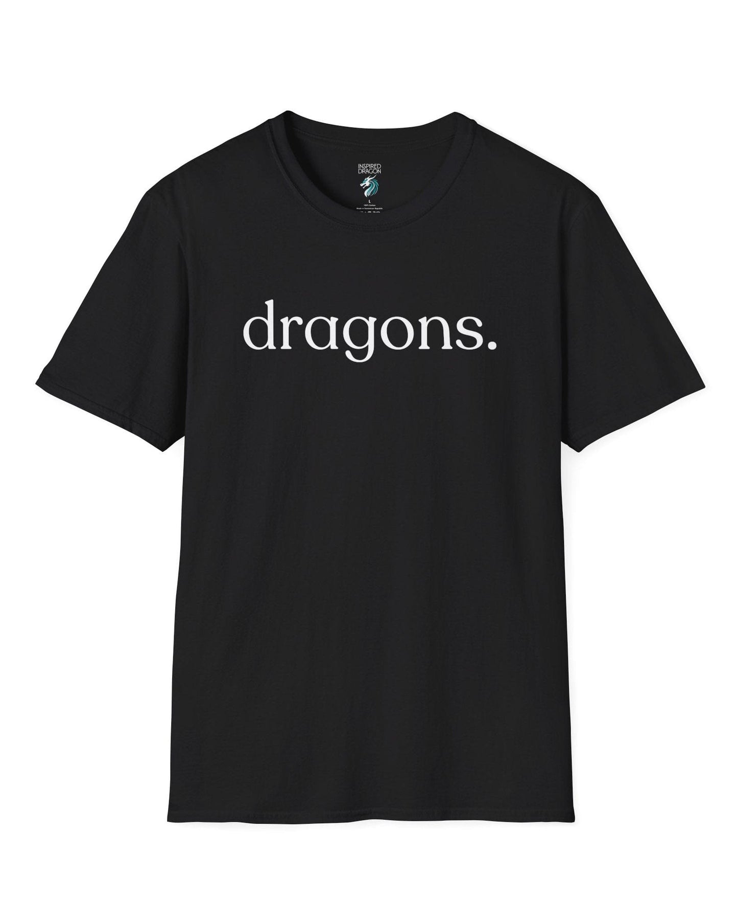 “dragons.” shirt in black, featuring minimalist lowercase text with a period in a clean serif font.