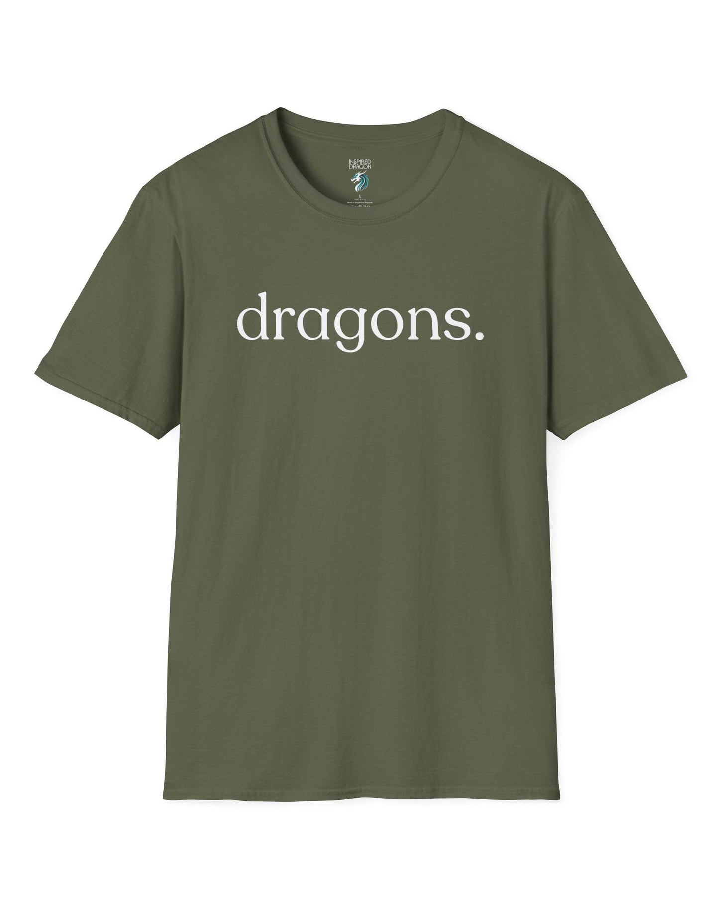 “dragons.” shirt in military green, featuring minimalist lowercase text with a period in a clean serif font.