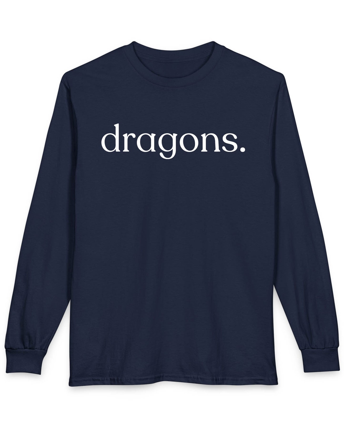 “dragons.” shirt in navy featuring minimalist lowercase text with a period in a clean serif font