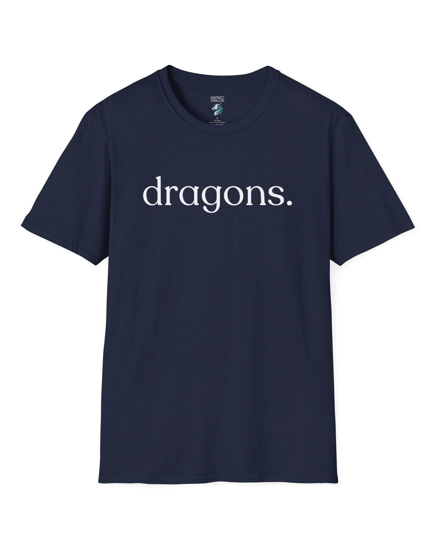 “dragons.” shirt in navy, featuring minimalist lowercase text with a period in a clean serif font.
