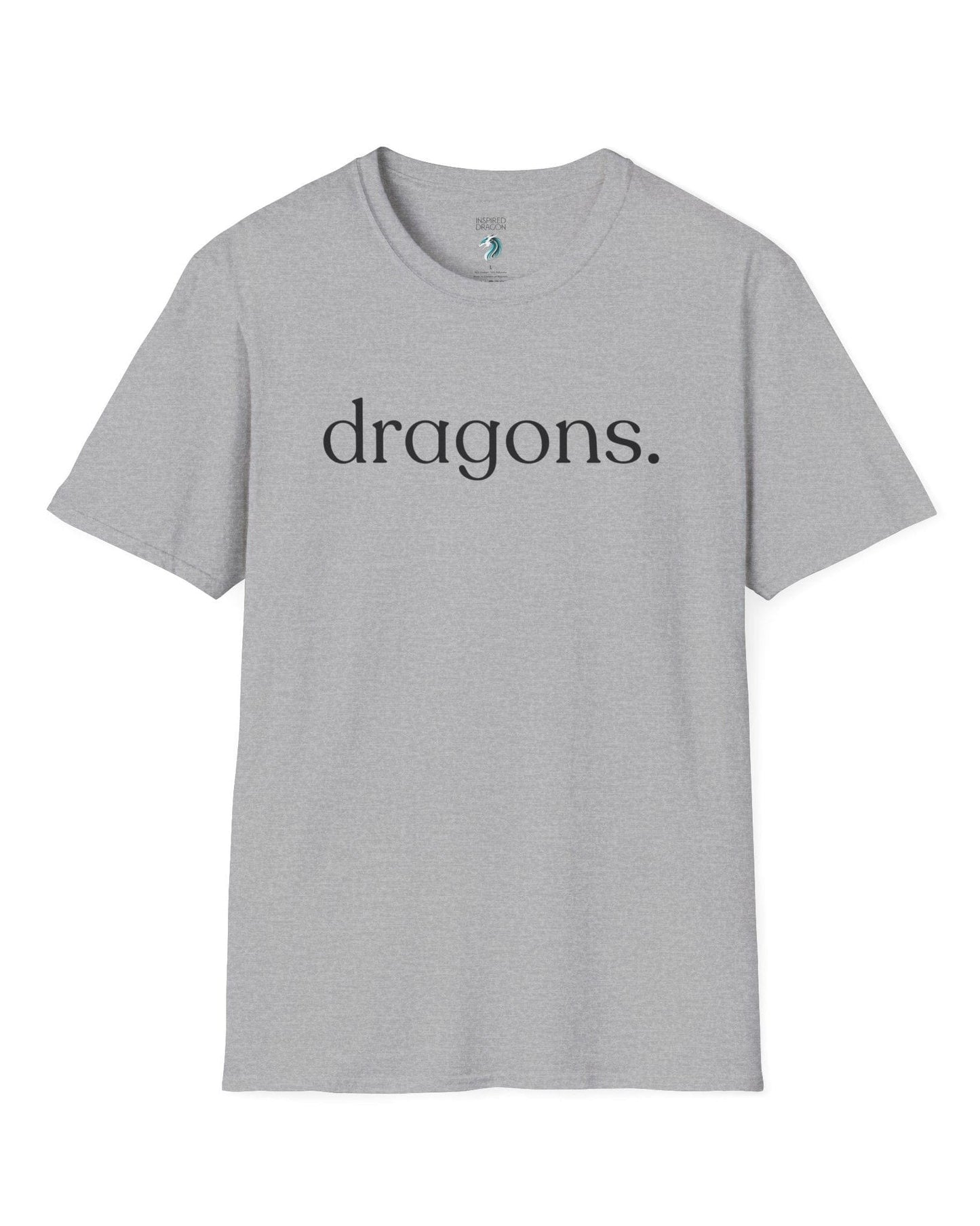 “dragons.” shirt in sport grey, featuring minimalist lowercase text with a period in a clean serif font.