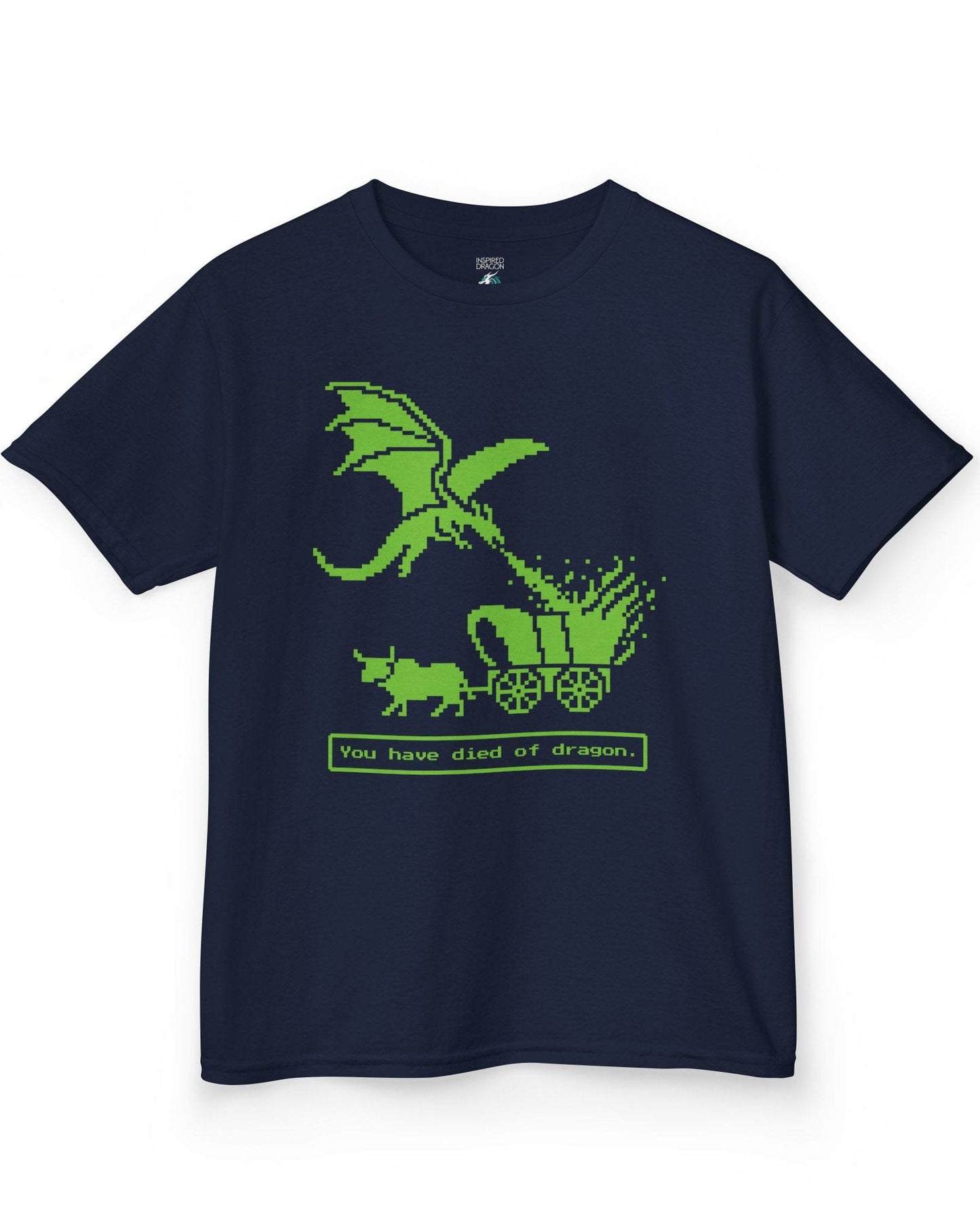 You Have Died of Dragon shirt in navy featuring a green pixel art dragon attacking a wagon with retro game text.