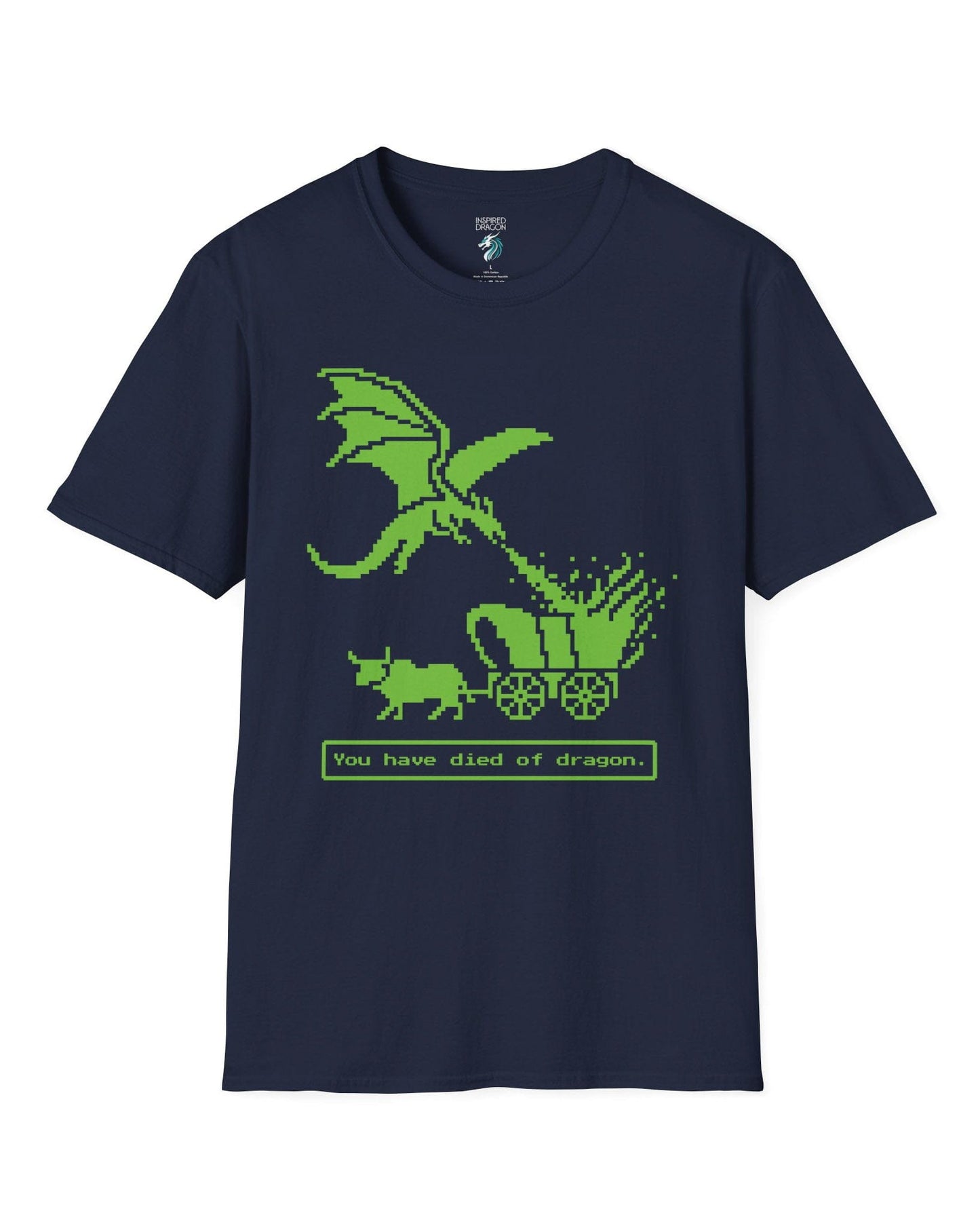 You Have Died of Dragon shirt in navy featuring a green pixel art dragon attacking a wagon with retro game text.