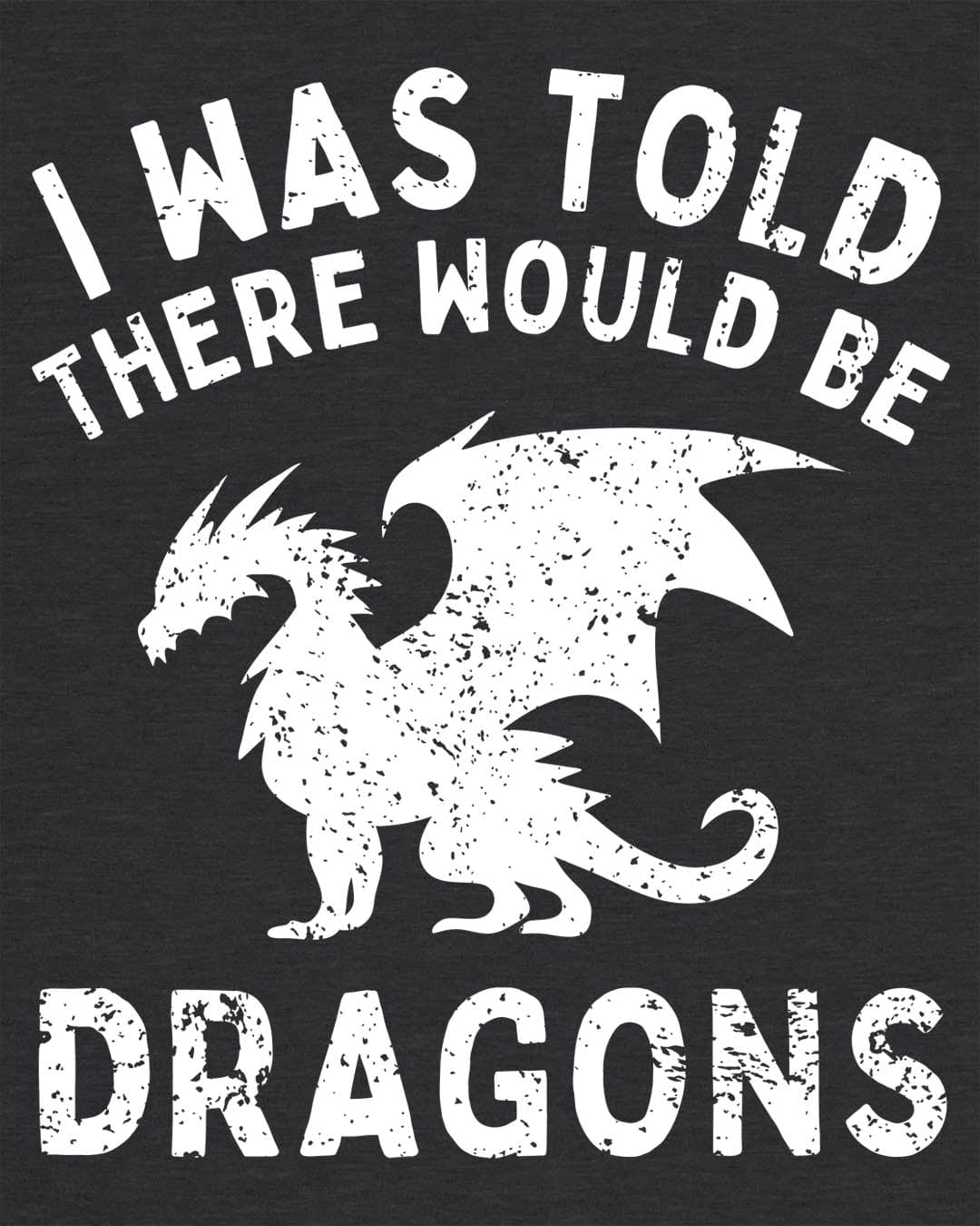 I Was Told There Would Be Dragons shirt in dark heather grey, featuring distressed text and a bold dragon silhouette.