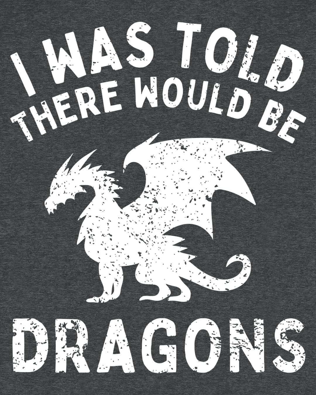 I Was Told There Would Be Dragons shirt in dark heather grey, featuring distressed text and a bold dragon silhouette.