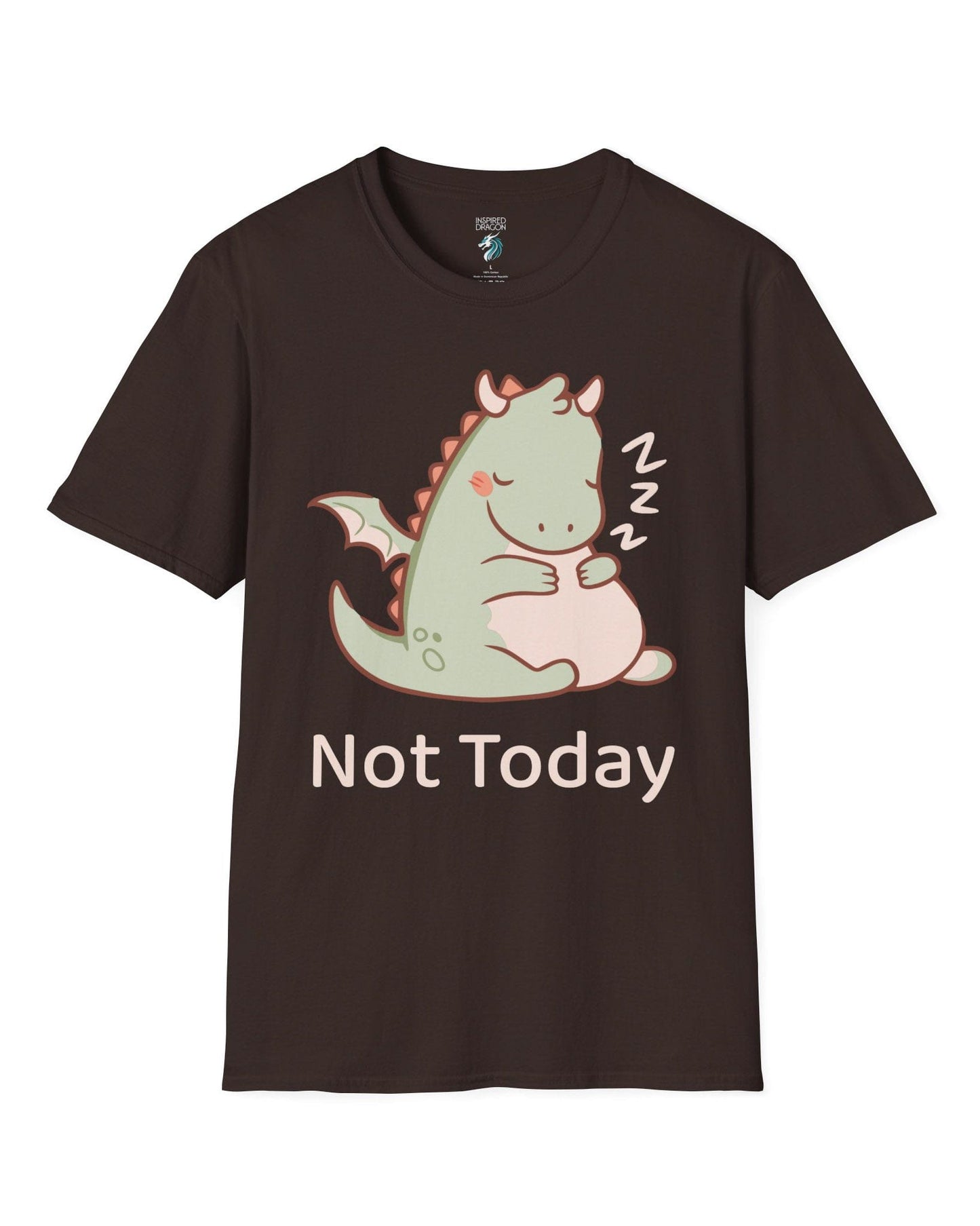 Not Today shirt in dark chocolate, featuring a sleepy green dragon curled up with Zs and soft pastel colors.