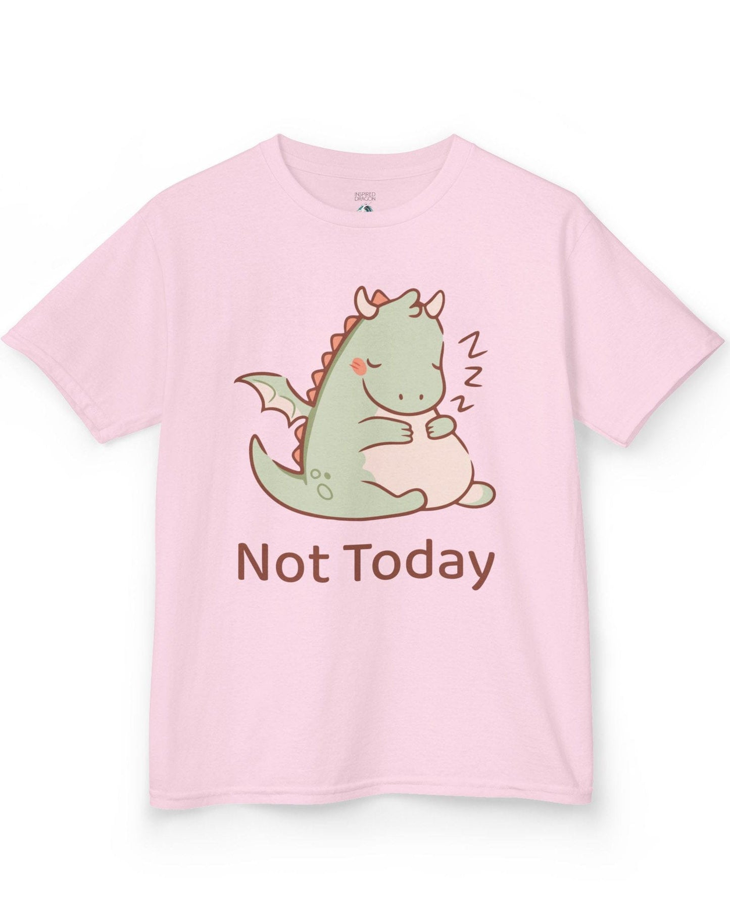 Not Today shirt in light pink featuring a sleepy green dragon curled up with Zs and soft pastel colors