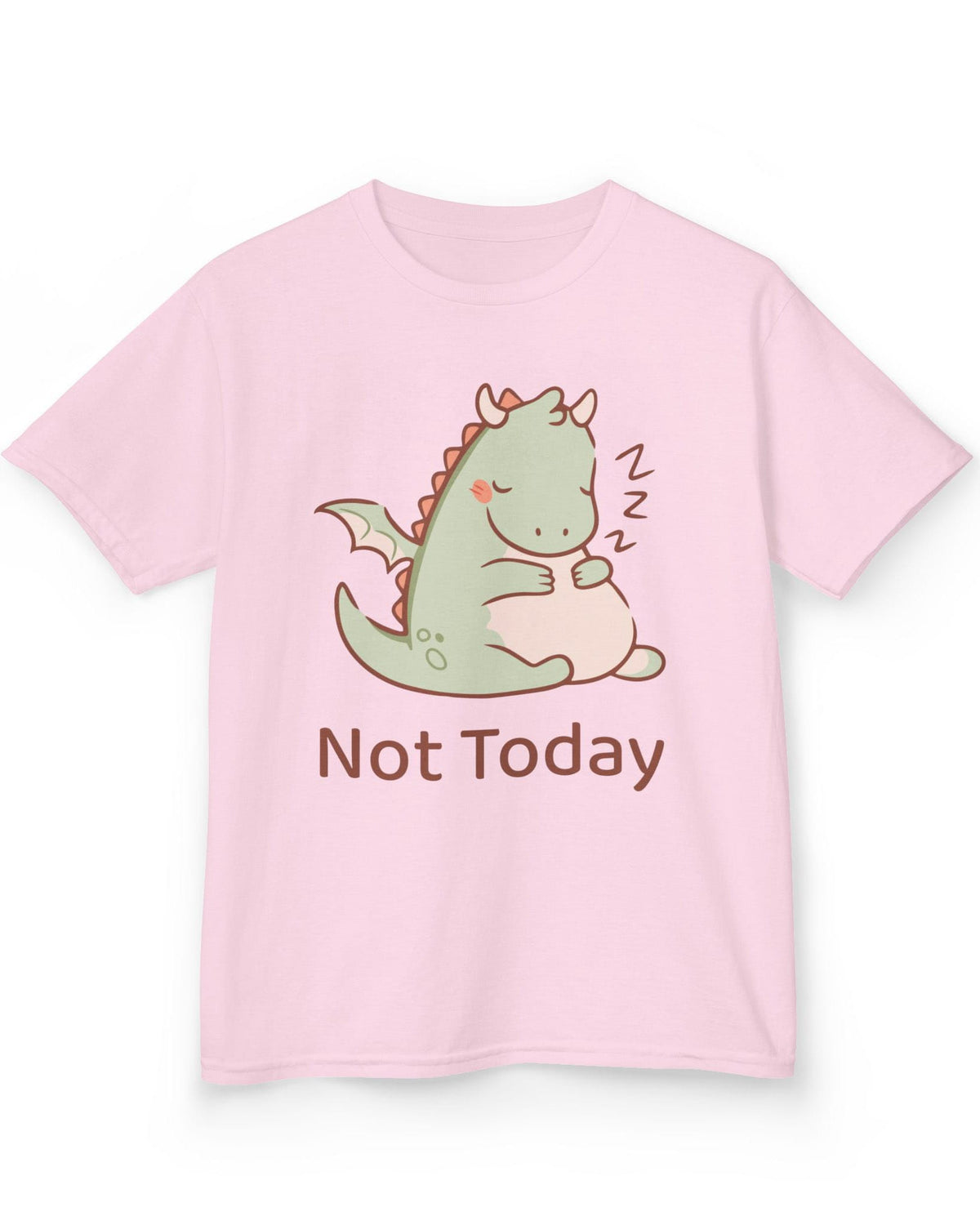 Not Today shirt in light pink featuring a sleepy green dragon curled up with Zs and soft pastel colors