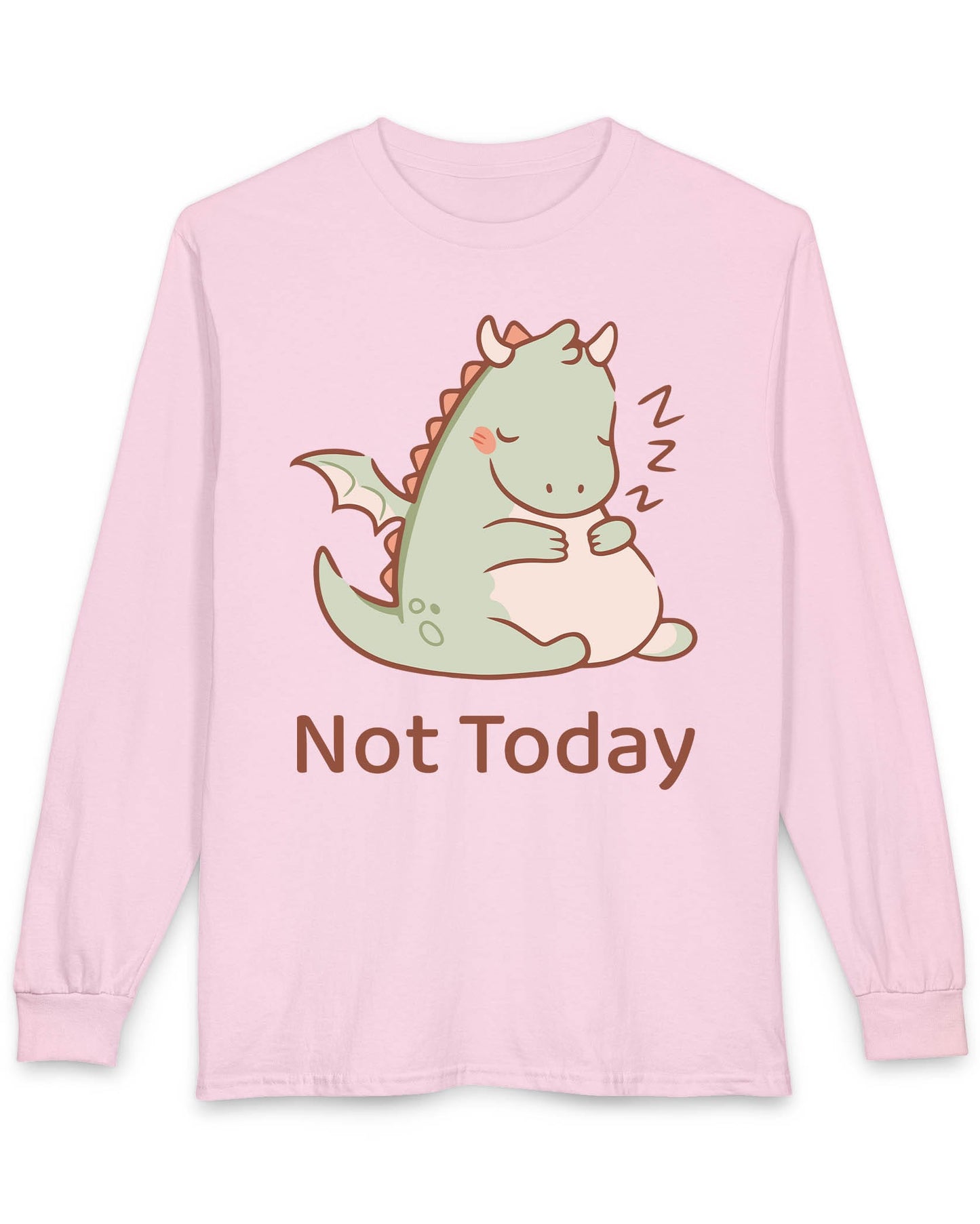 Not Today shirt in light pink featuring a sleepy green dragon curled up with Zs and soft pastel colors
