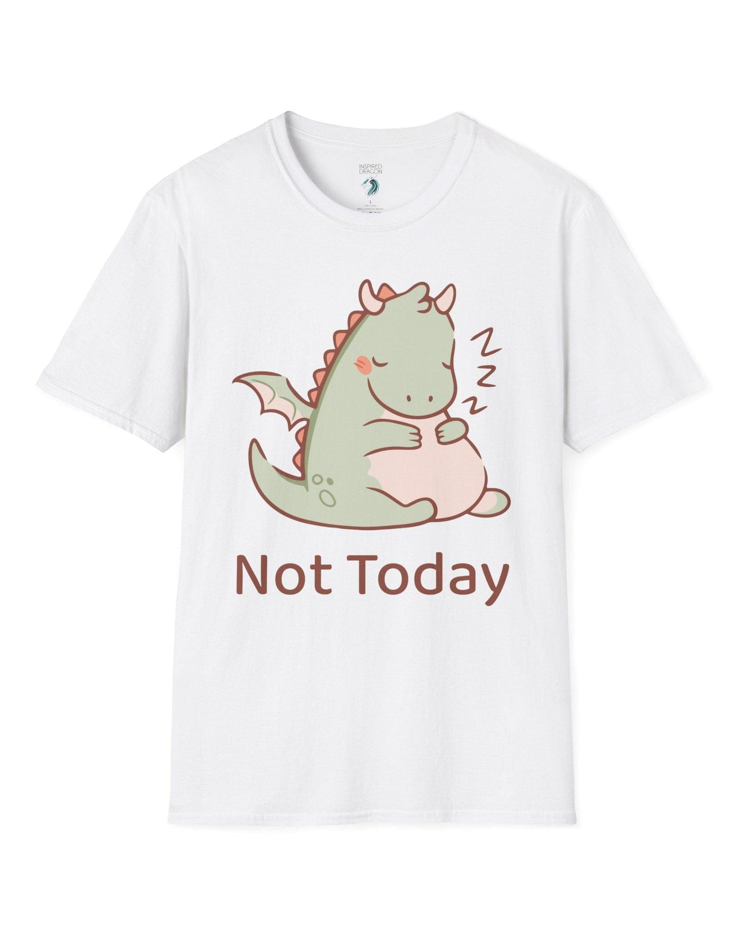 Not Today shirt in white, featuring a sleepy green dragon curled up with Zs and soft pastel colors.