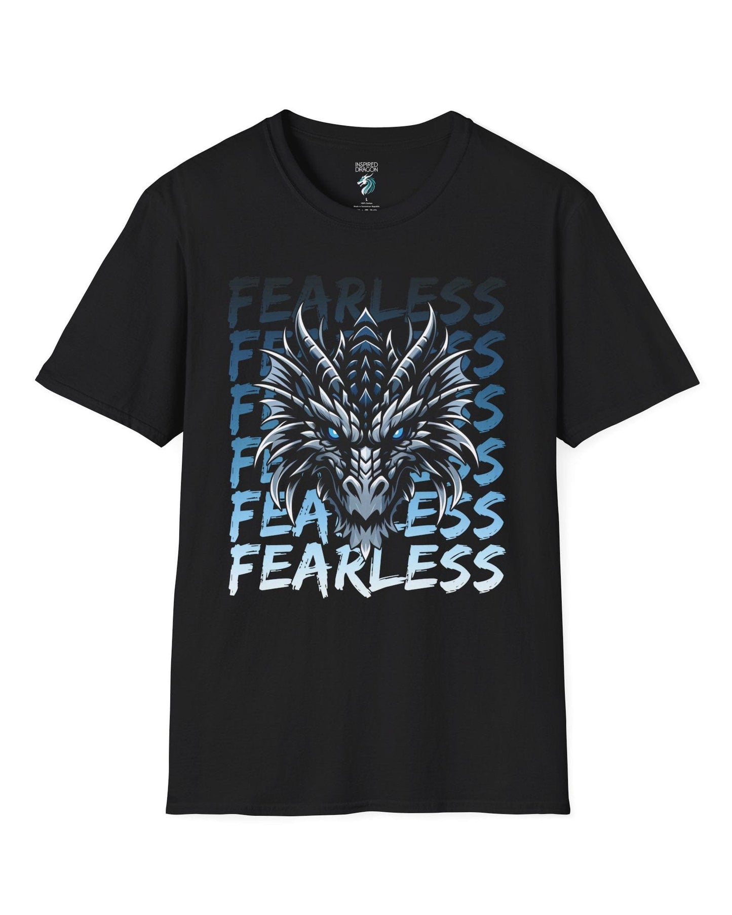Fearless Dragon shirt in black featuring a fierce blue and black dragon head over text fading from dark to light blue.
