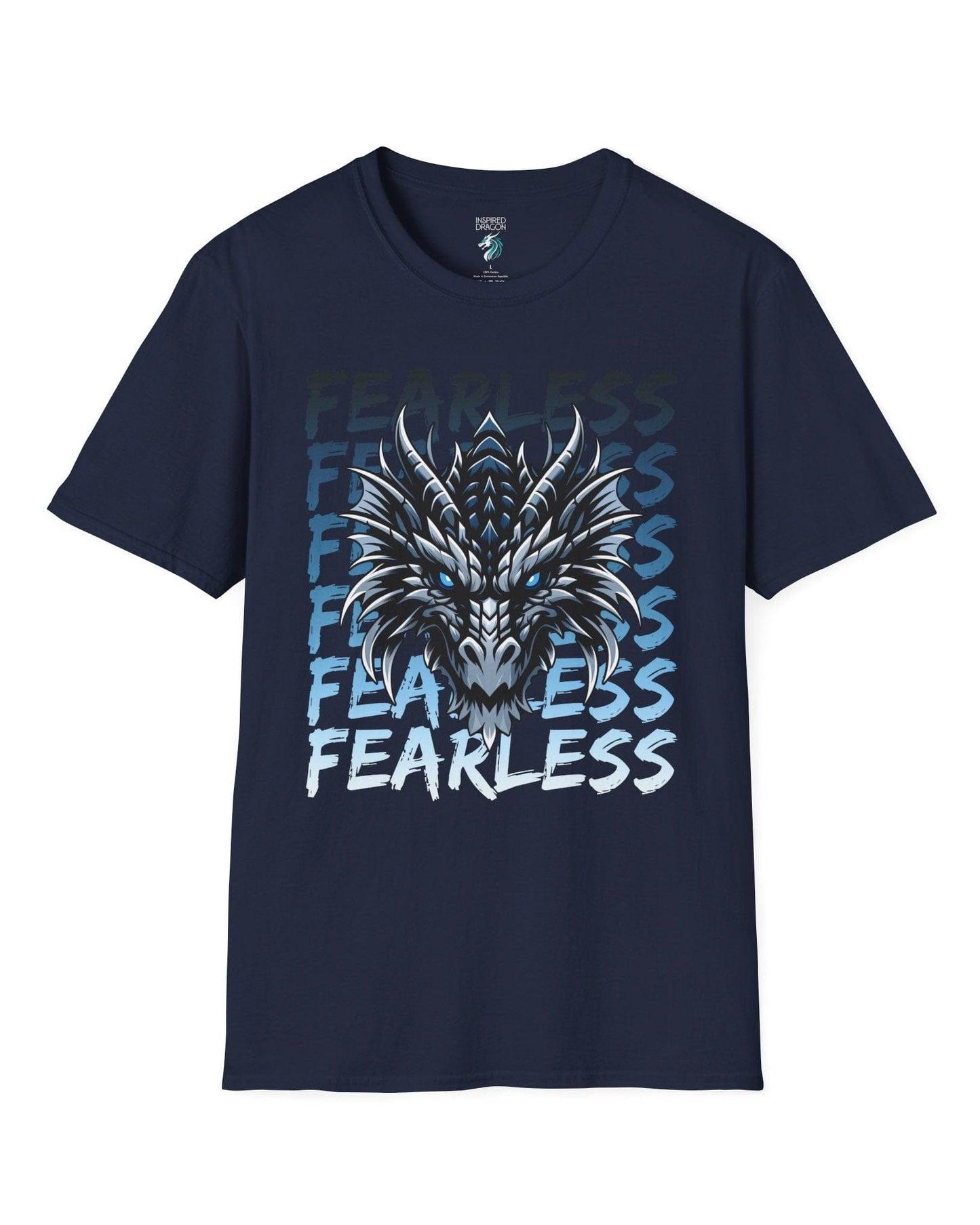 Fearless Dragon shirt in navy featuring a fierce blue and black dragon head over text fading from dark to light blue.