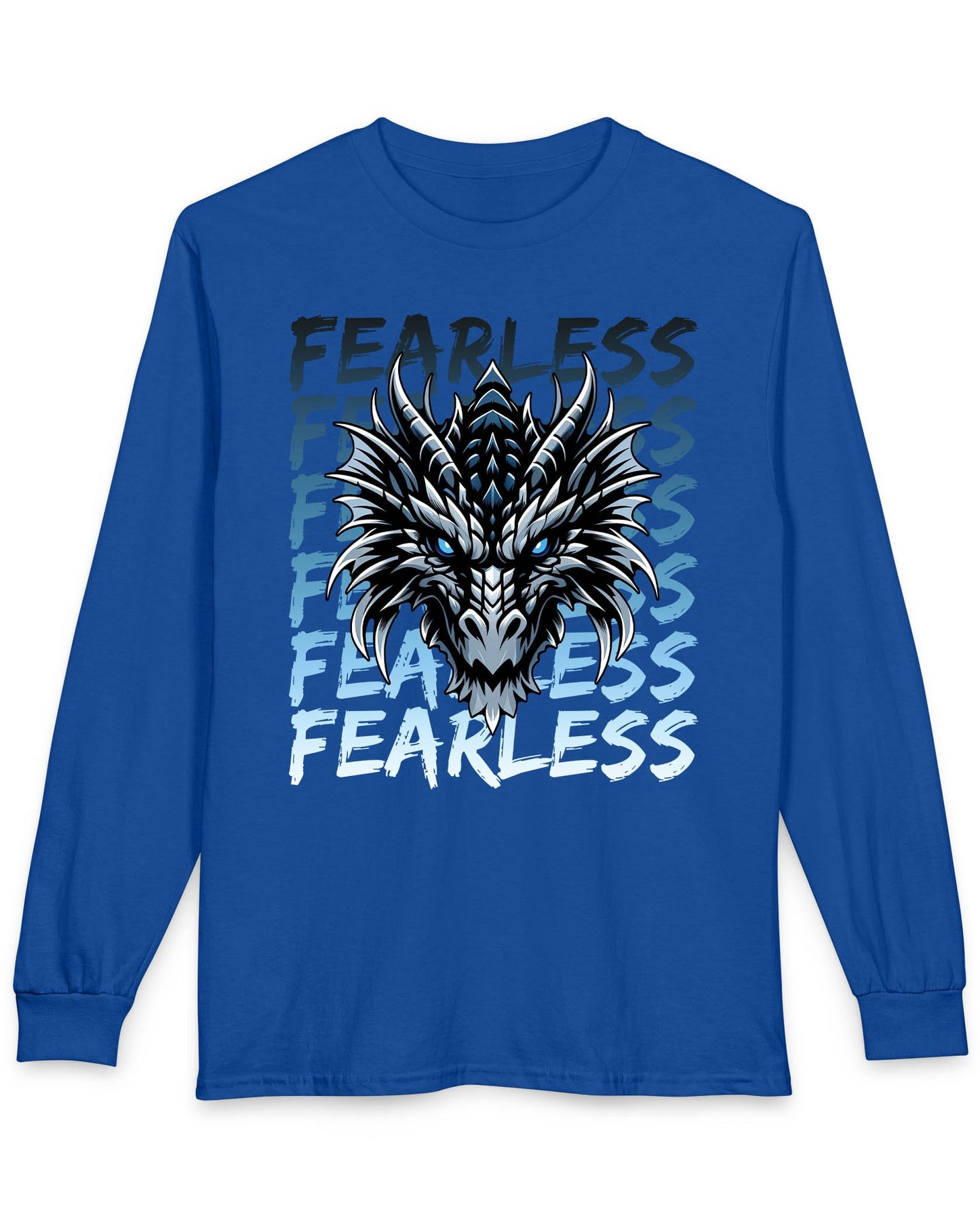 Fearless Dragon shirt in royal blue featuring a fierce blue and black dragon head over text fading from dark to light blue