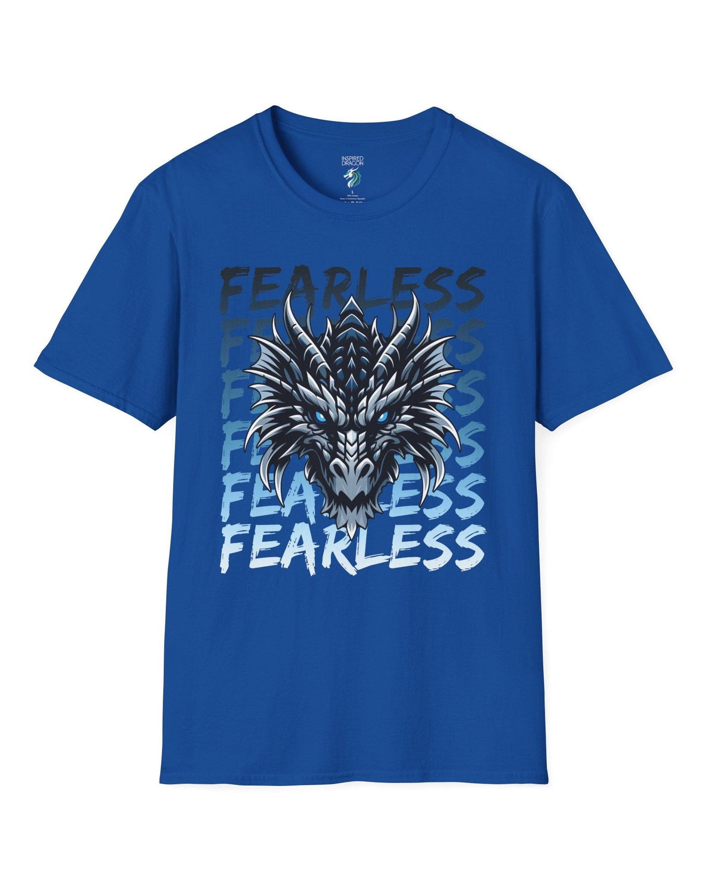 Fearless Dragon shirt in royal blue featuring a fierce blue and black dragon head over text fading from dark to light blue.