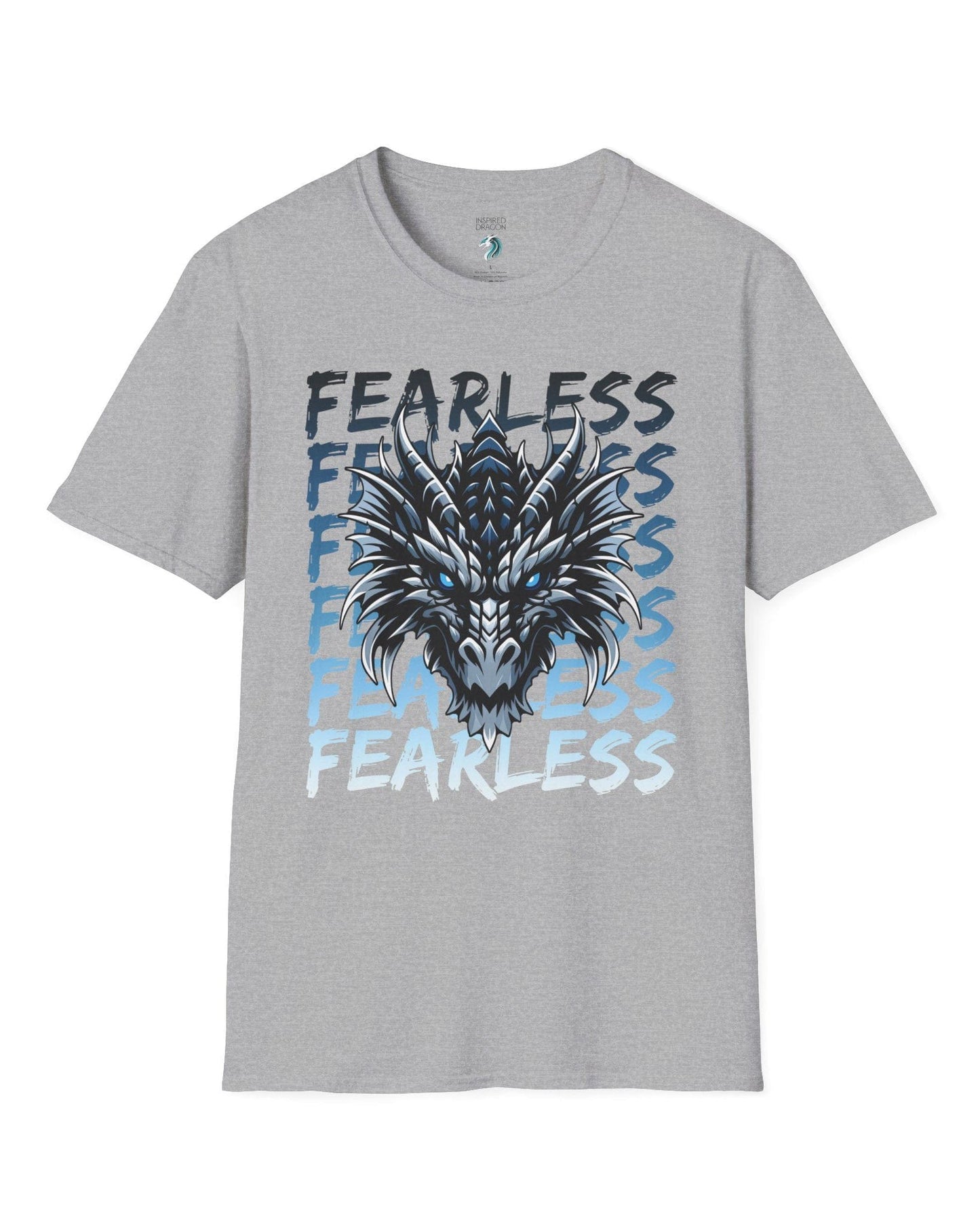 Fearless Dragon shirt in sport grey featuring a fierce blue and black dragon head over text fading from dark to light blue.