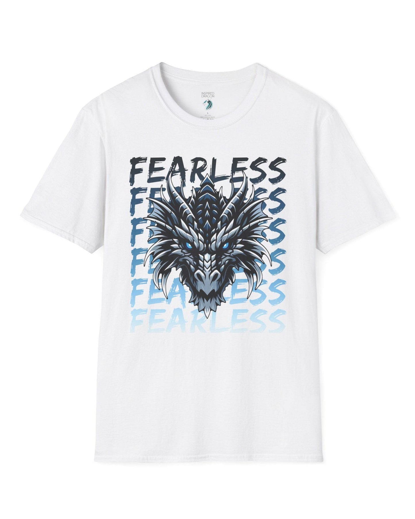 Fearless Dragon shirt in white featuring a fierce blue and black dragon head over text fading from dark to light blue.