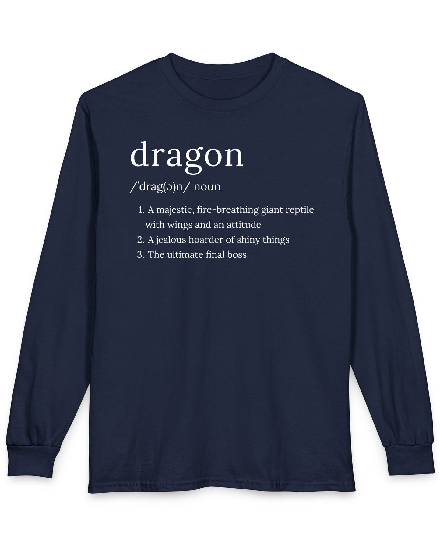 Dragon Definition shirt in navy featuring a humorous dictionary-style definition of a dragon with witty descriptions