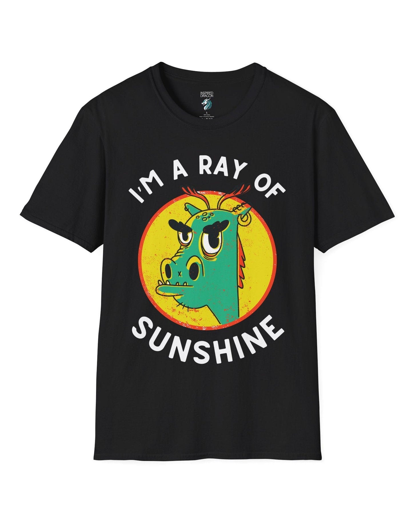 I'm a Ray of Sunshine shirt in black, featuring a grumpy cartoon dragon inside a bright yellow circle.