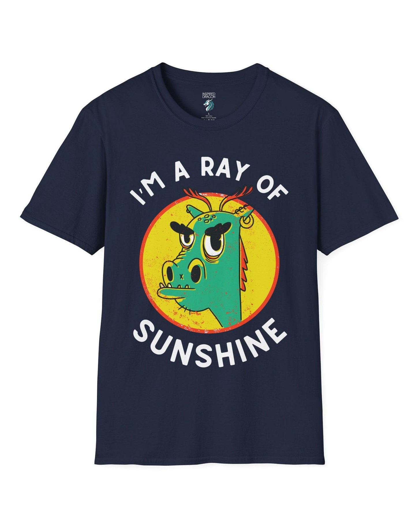 I'm a Ray of Sunshine shirt in navy, featuring a grumpy cartoon dragon inside a bright yellow circle.