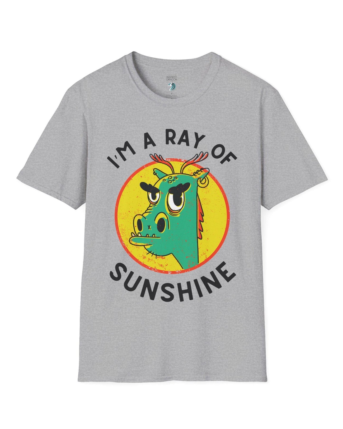 I'm a Ray of Sunshine shirt in sport grey, featuring a grumpy cartoon dragon inside a bright yellow circle.