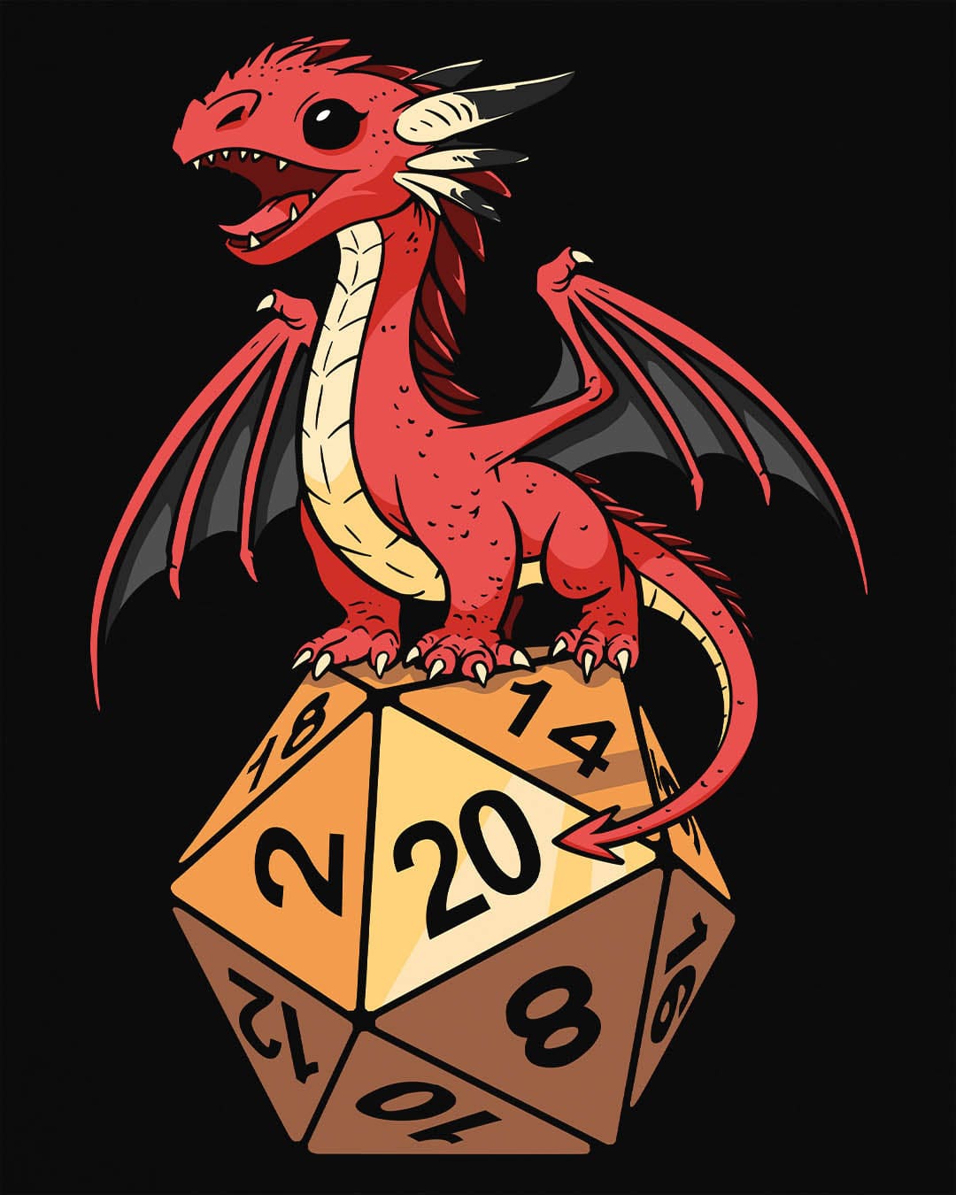 Hatchling's Luck shirt in black featuring a cute red dragon standing proudly on a d20 die showing a natural 20.
