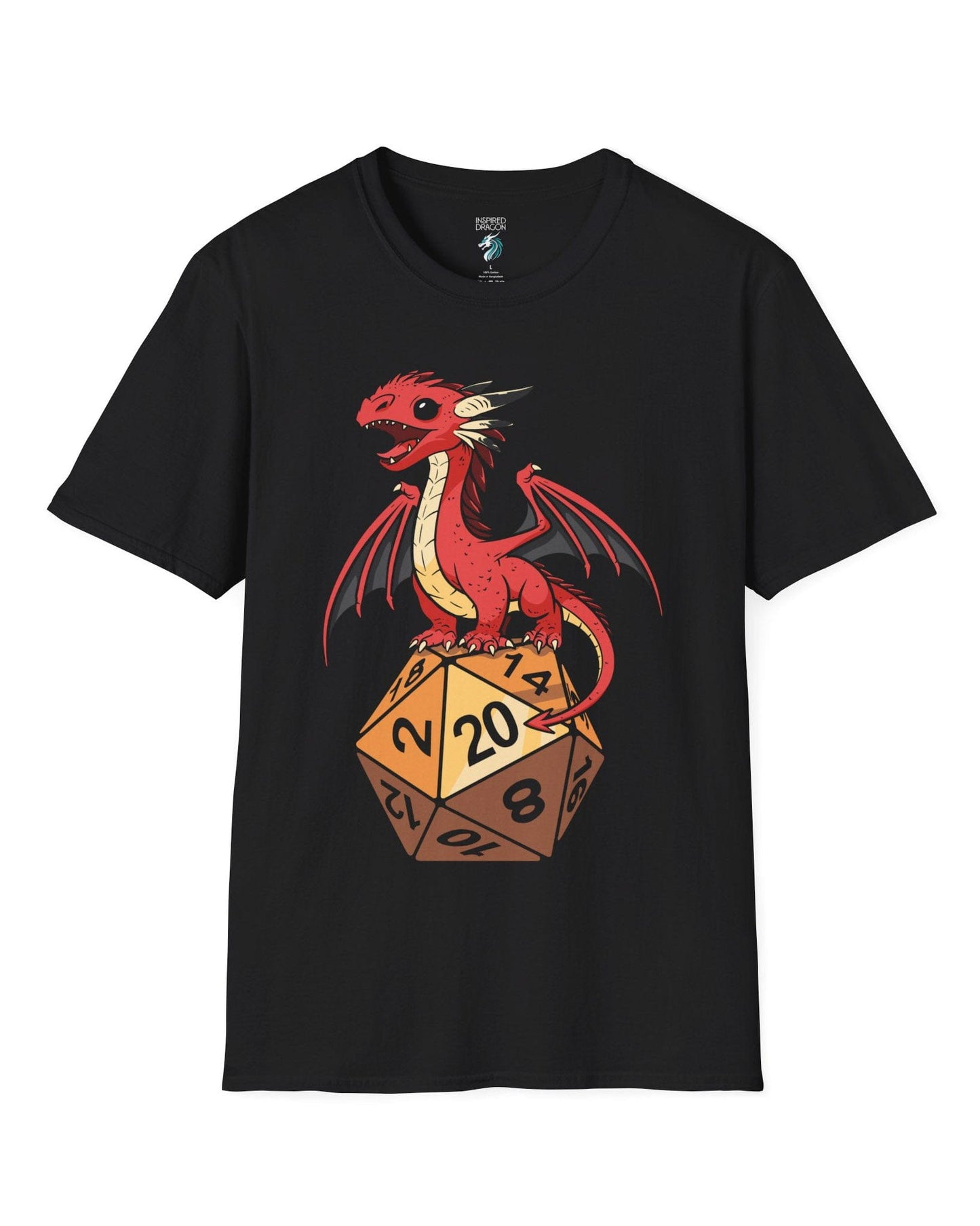 Hatchling's Luck shirt in black featuring a cute red dragon standing proudly on a d20 die showing a natural 20.