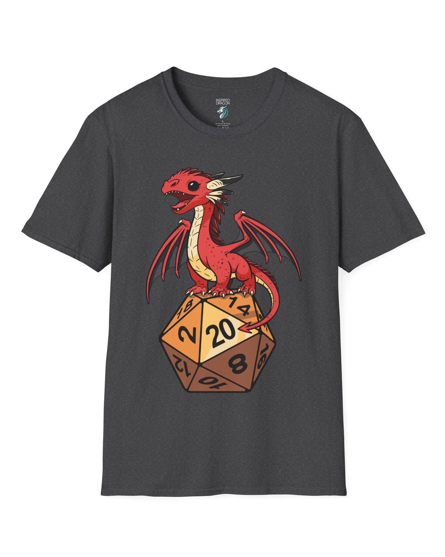 Hatchling's Luck shirt in dark heather grey featuring a cute red dragon standing proudly on a d20 die showing a natural 20.