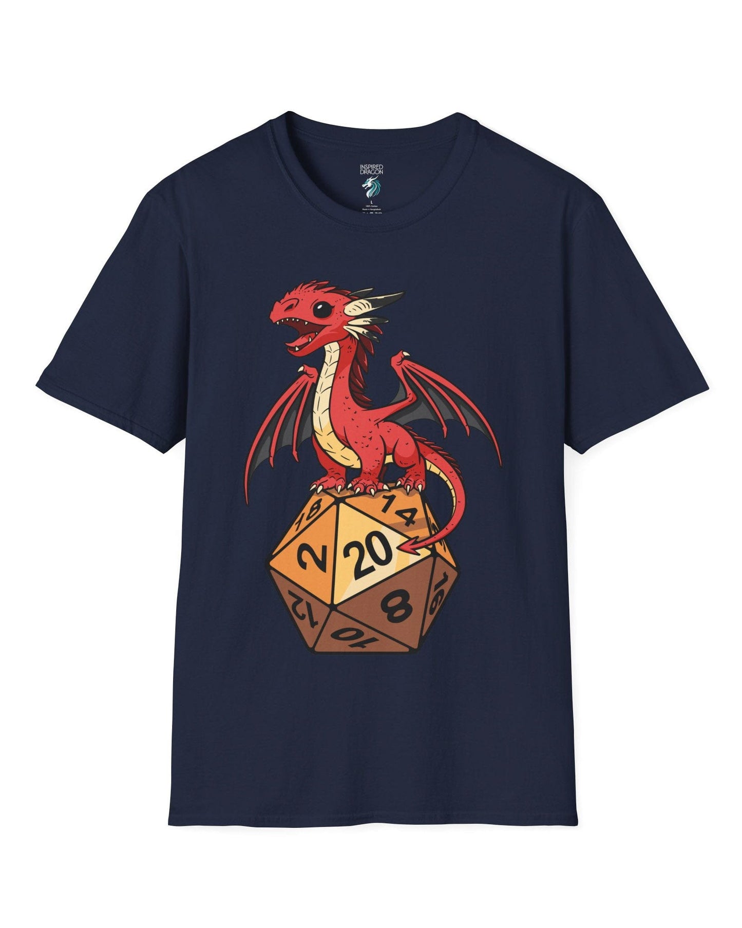Hatchling's Luck shirt in navy featuring a cute red dragon standing proudly on a d20 die showing a natural 20.