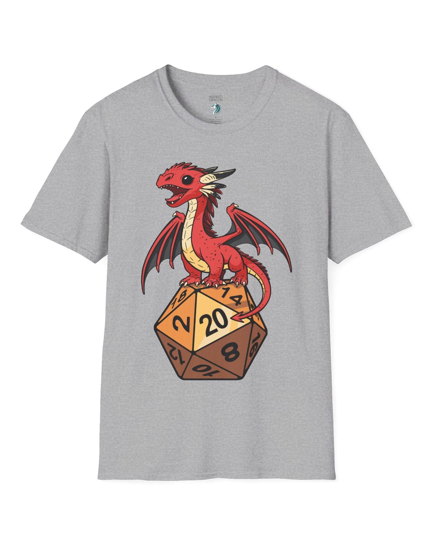 Hatchling's Luck shirt in sport grey featuring a cute red dragon standing proudly on a d20 die showing a natural 20.