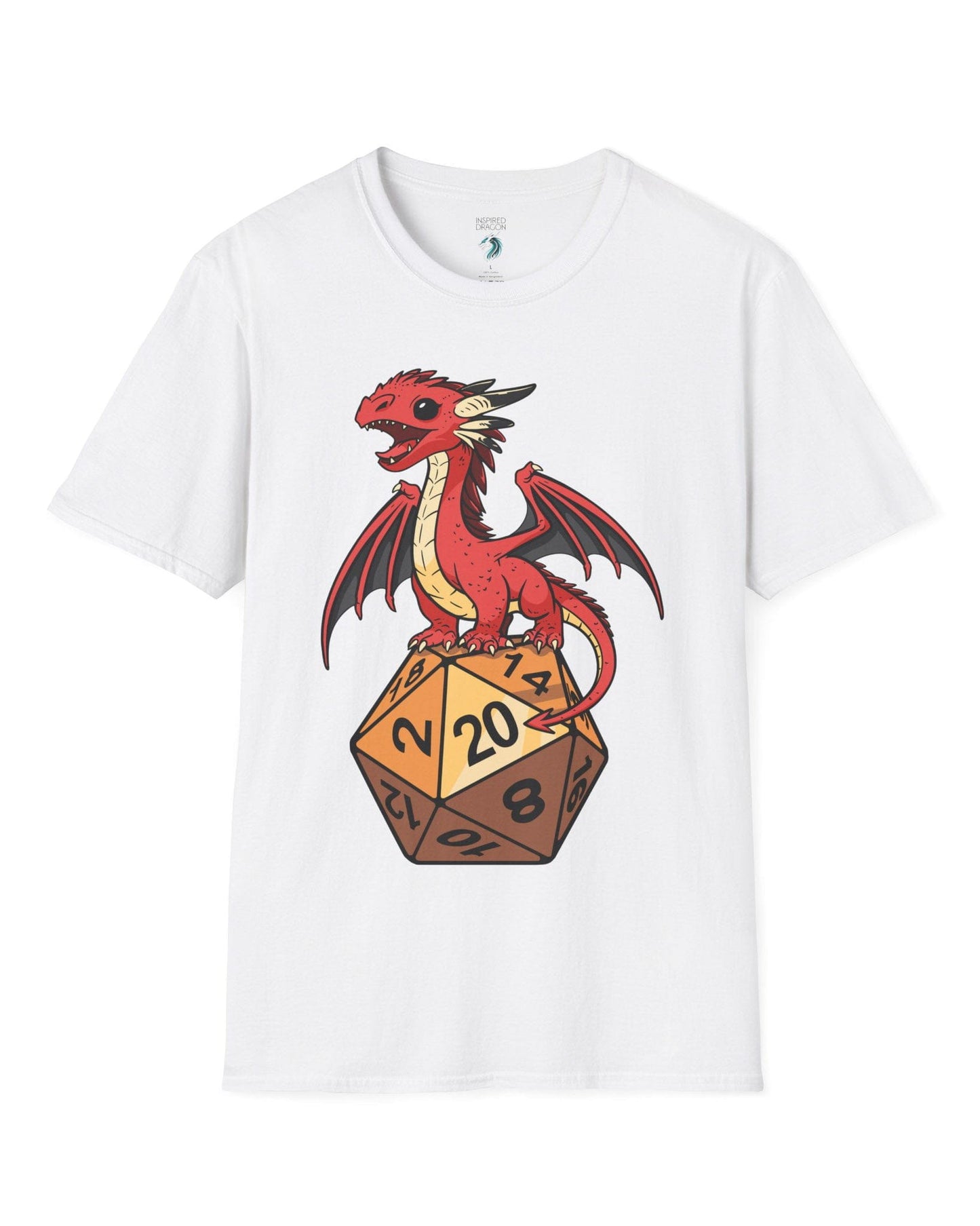 Hatchling's Luck shirt in white featuring a cute red dragon standing proudly on a d20 die showing a natural 20.
