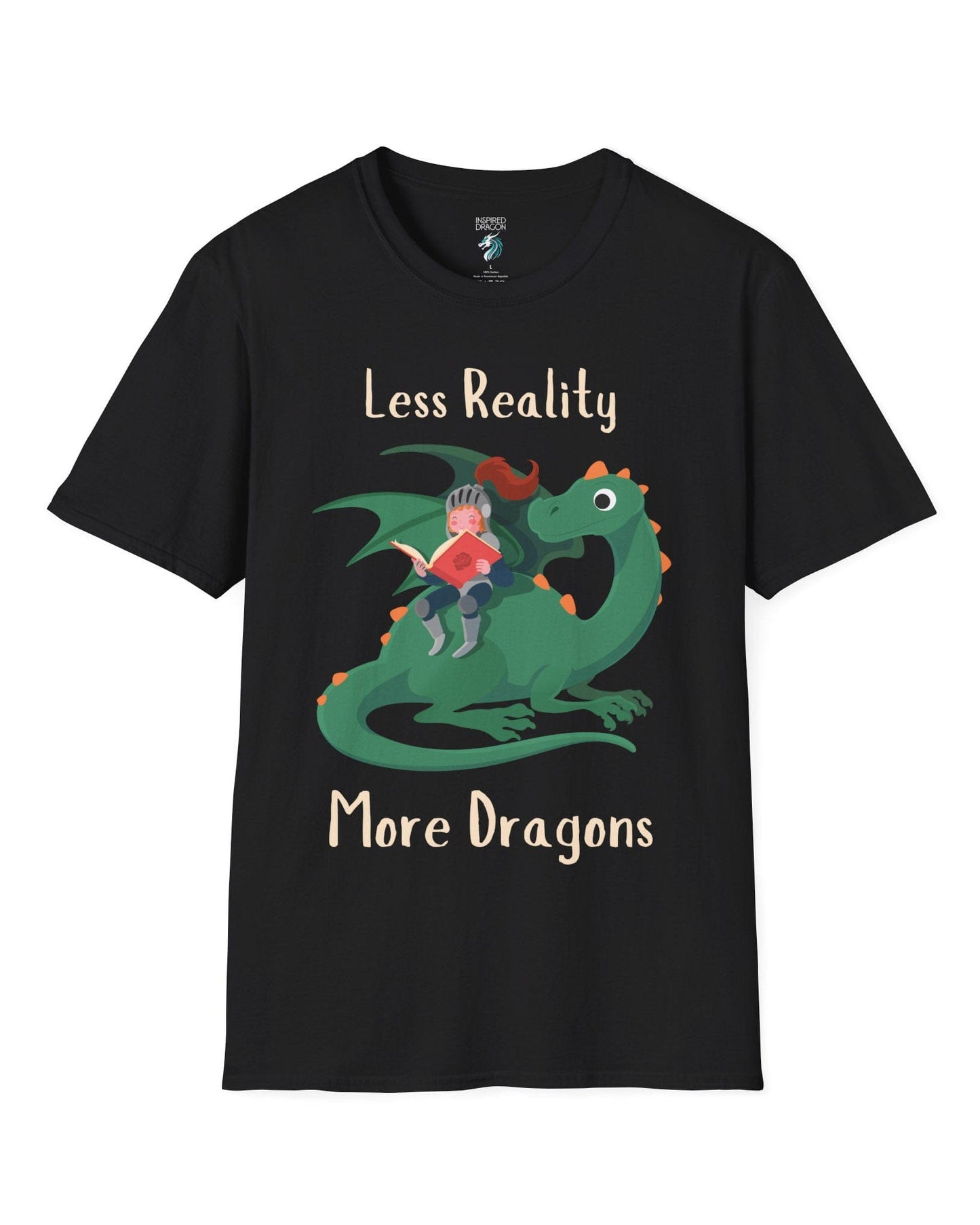 Less Reality, More Dragons shirt in black featuring a knight reading a book while riding a friendly green dragon.