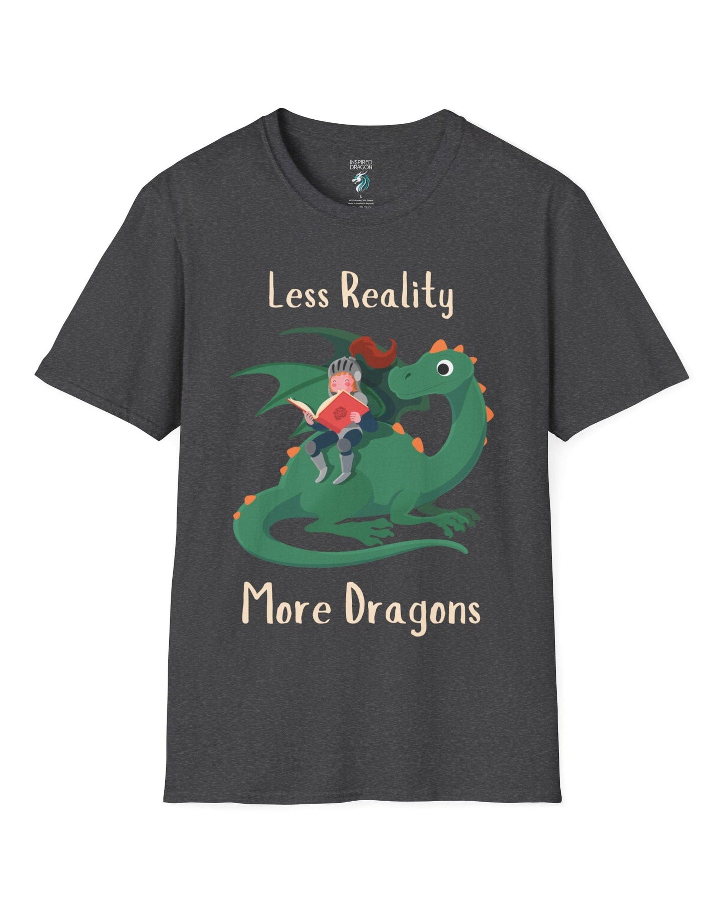Less Reality, More Dragons shirt in dark heather grey featuring a knight reading a book while riding a friendly green dragon.