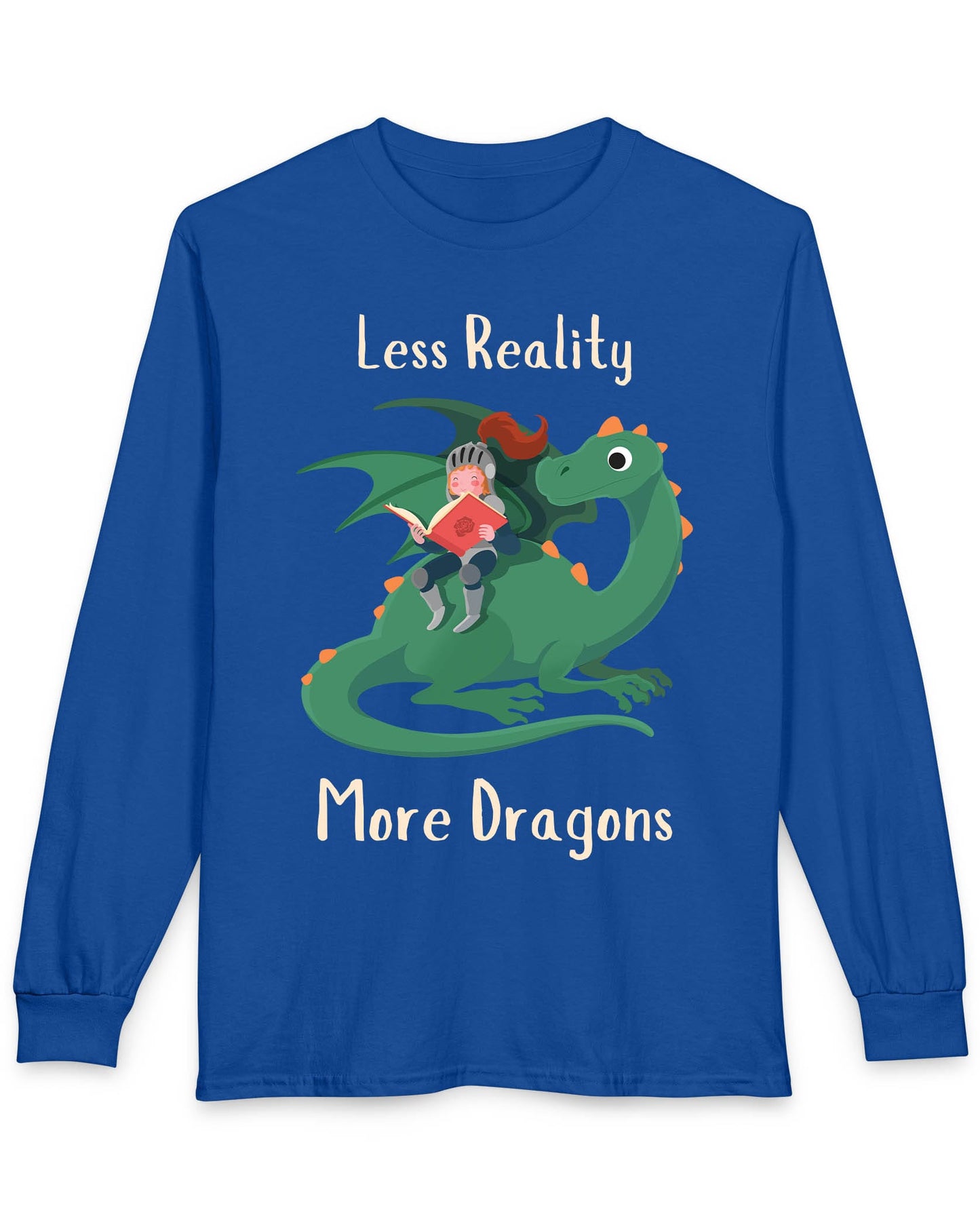 Less Reality, More Dragons shirt in royal blue featuring a knight reading a book while riding a friendly green dragon