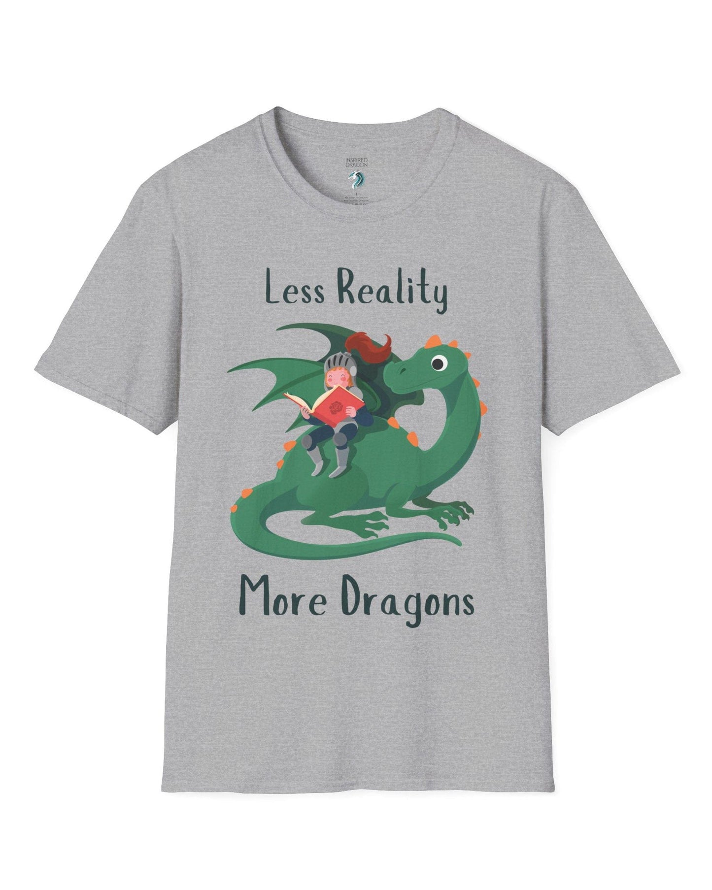 Less Reality, More Dragons shirt in sport grey featuring a knight reading a book while riding a friendly green dragon.