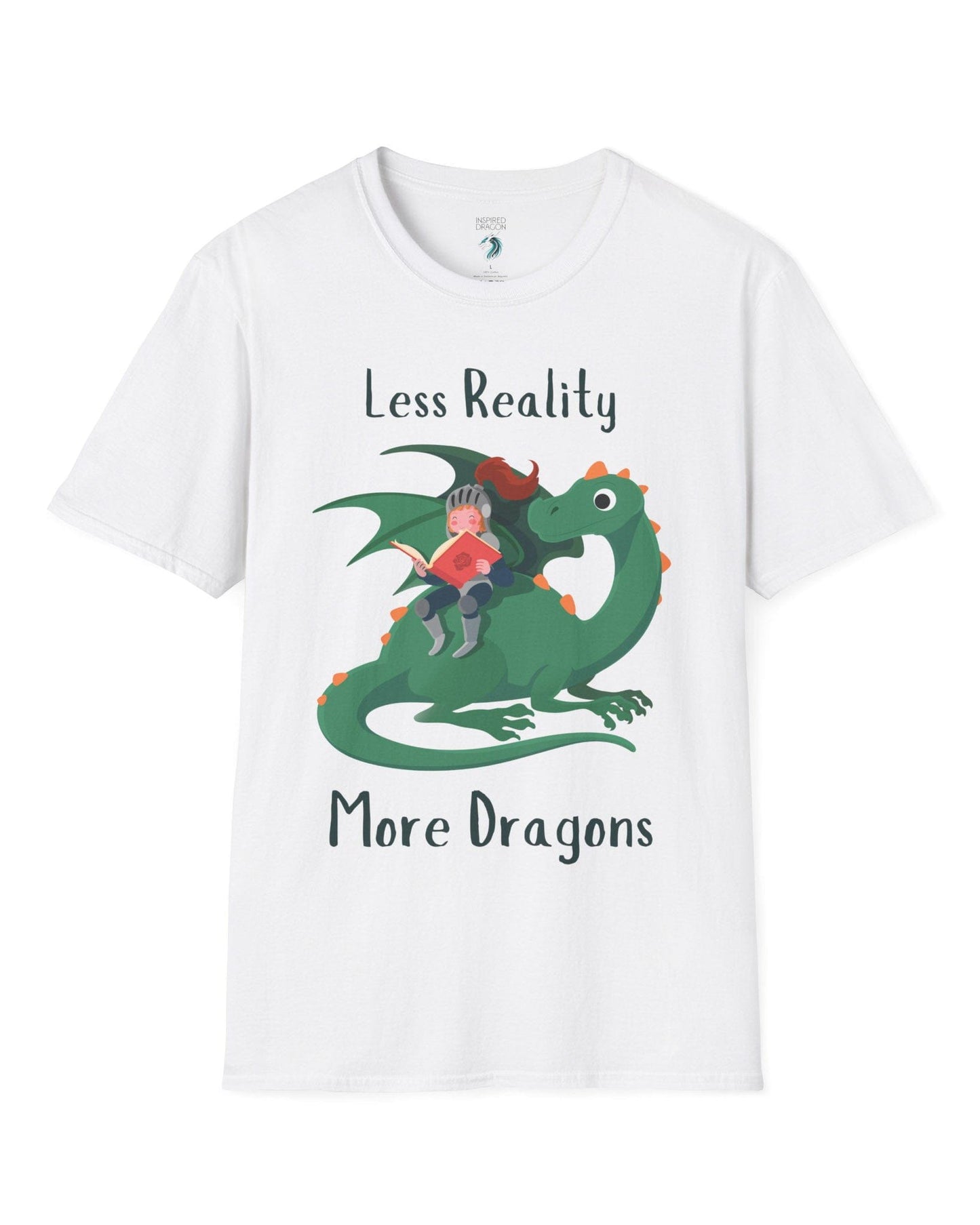 Less Reality, More Dragons shirt in white featuring a knight reading a book while riding a friendly green dragon.