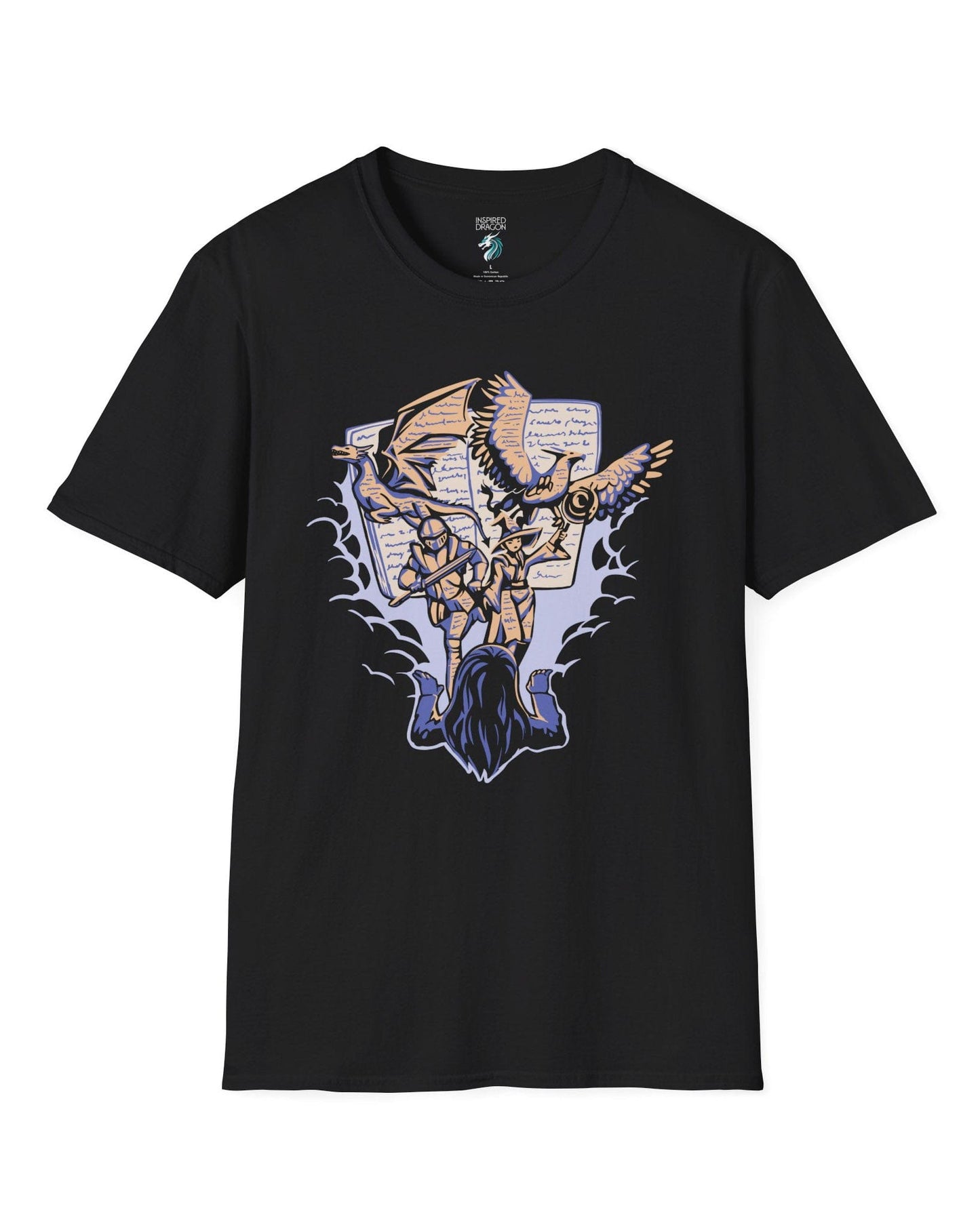 Imagination Unleashed shirt in black, featuring a girl reading as a dragon and others burst from the pages.