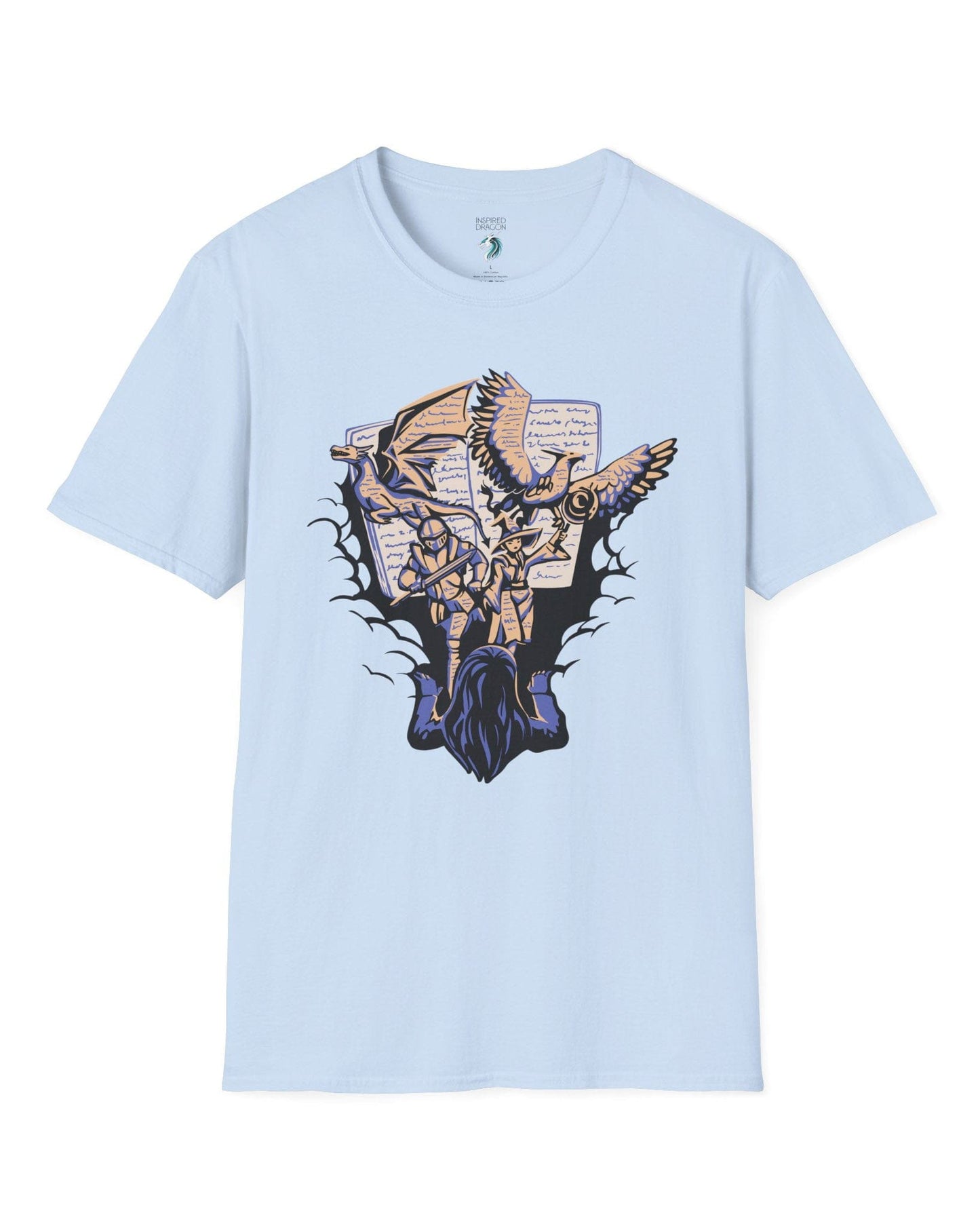Imagination Unleashed shirt in light blue, featuring a girl reading as a dragon and others burst from the pages.