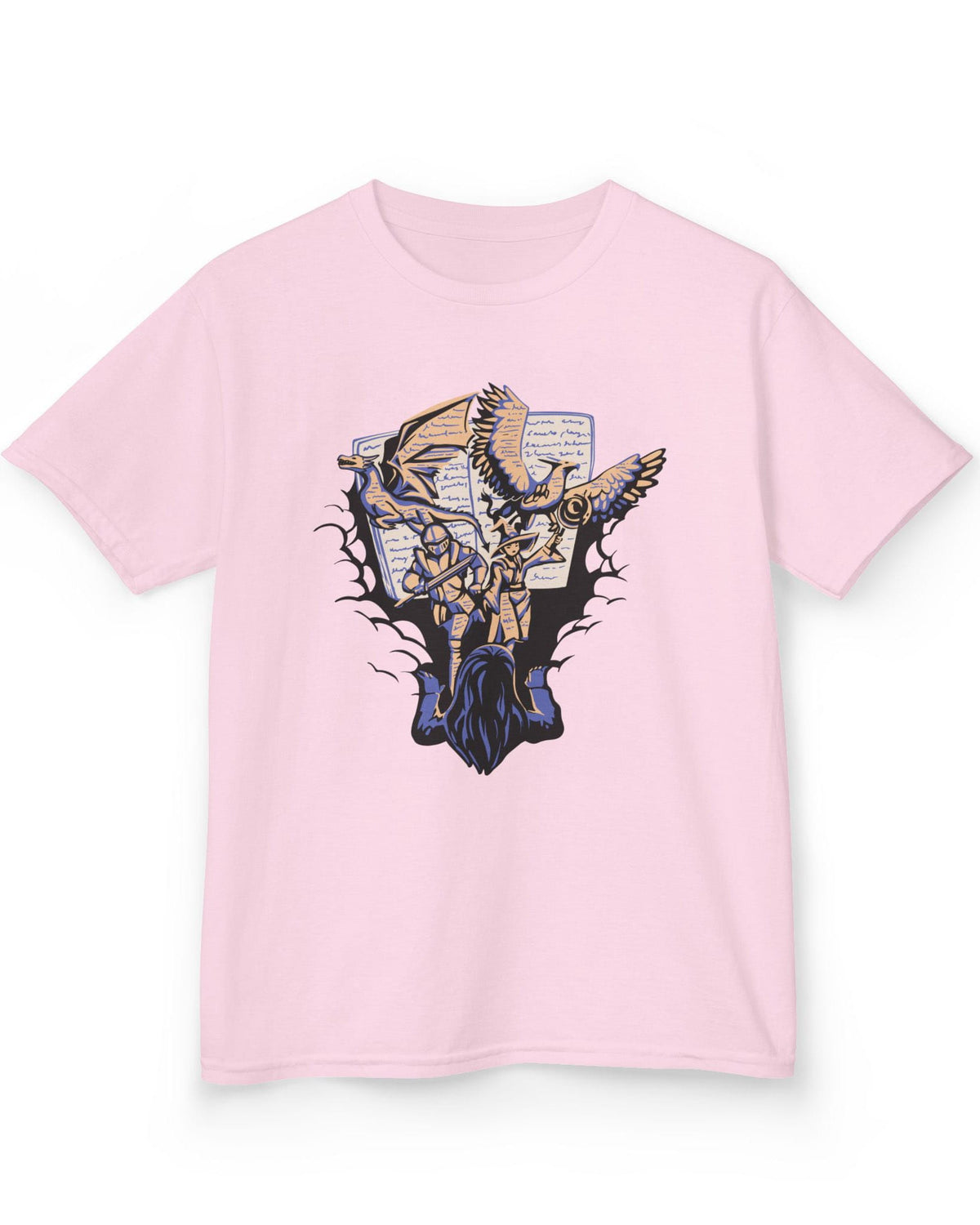 Imagination Unleashed shirt in light pink featuring a girl reading as a dragon and others burst from the pages