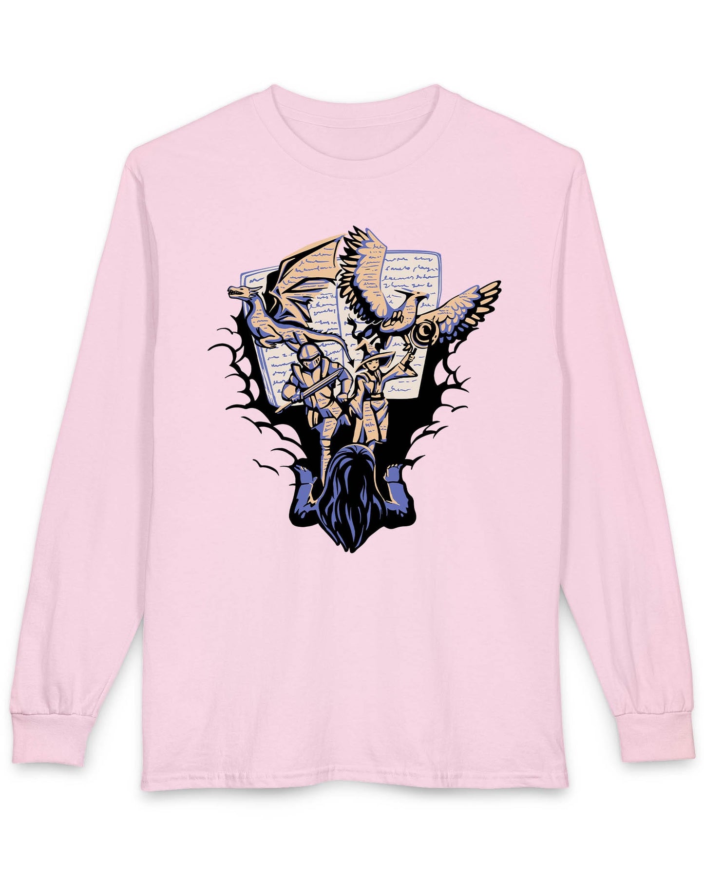 Imagination Unleashed shirt in light pink featuring a girl reading as a dragon and others burst from the pages