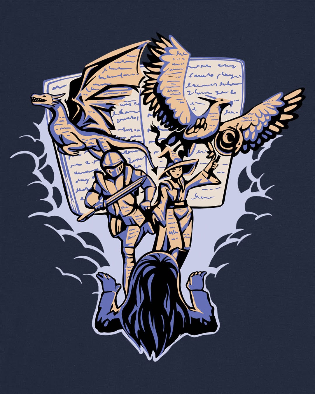 Imagination Unleashed shirt in navy, featuring a girl reading as a dragon and others burst from the pages.
