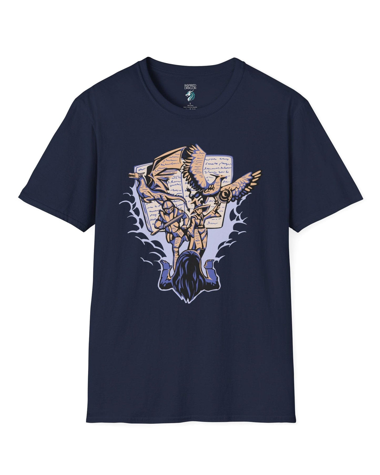 Imagination Unleashed shirt in navy, featuring a girl reading as a dragon and others burst from the pages.