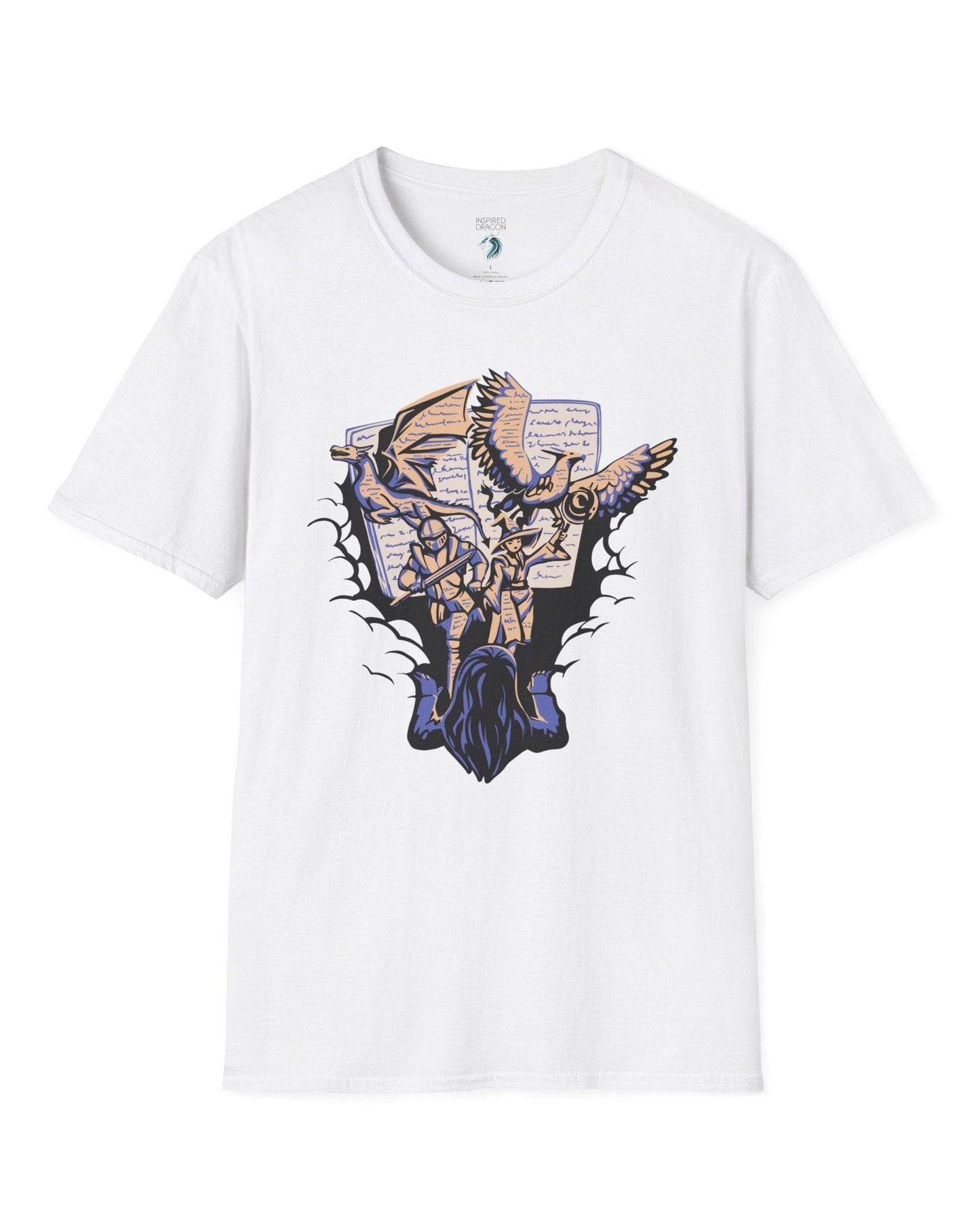 Imagination Unleashed shirt in white, featuring a girl reading as a dragon and others burst from the pages.